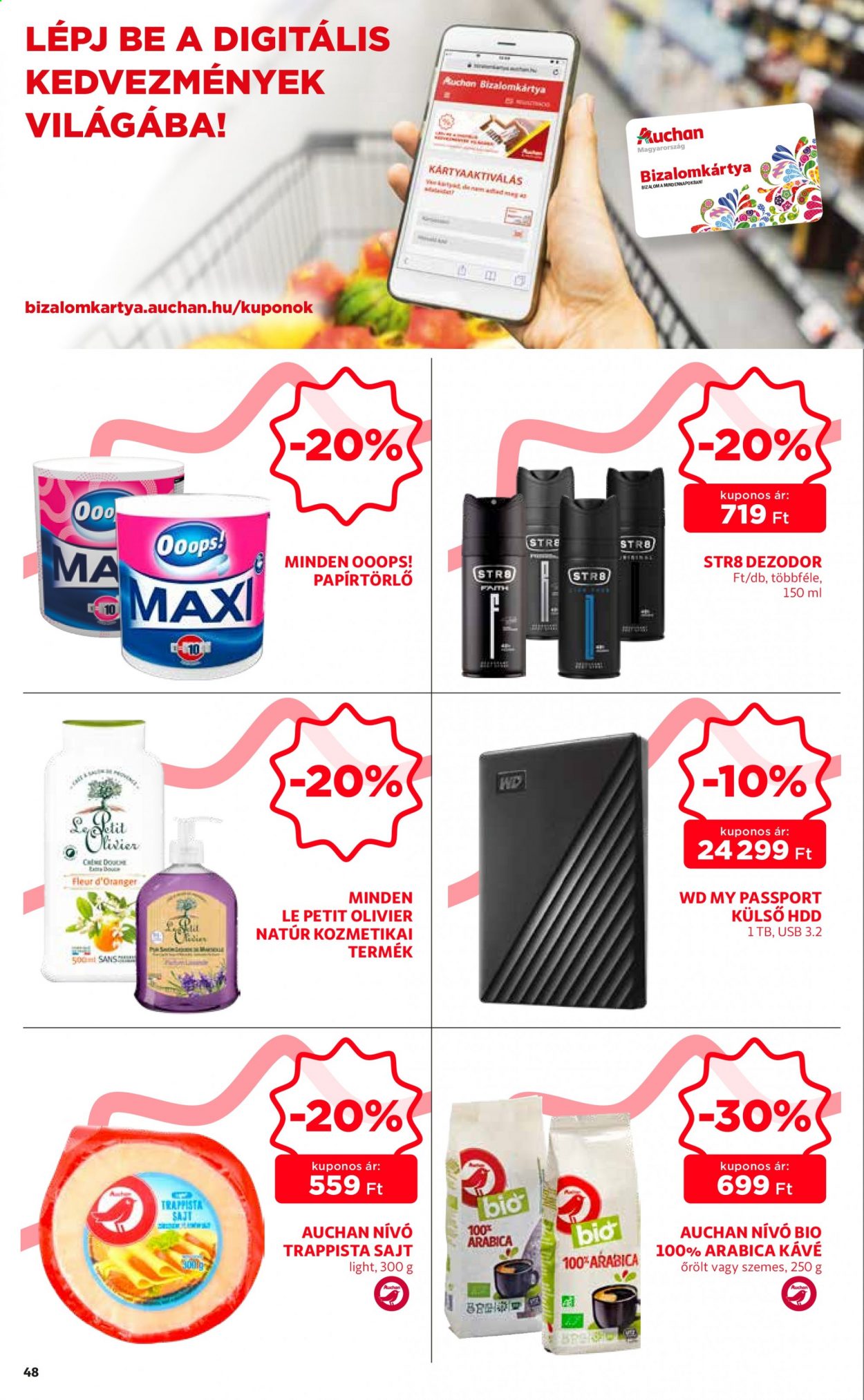thumbnail - Auchan akciós újsága  - 2021.05.06 - 2021.05.12 - Akciós termékek - sajt, trappista sajt, kávé, papírtörlő, Ooops!, STR8, dezodor, külső HDD.  48. Oldal