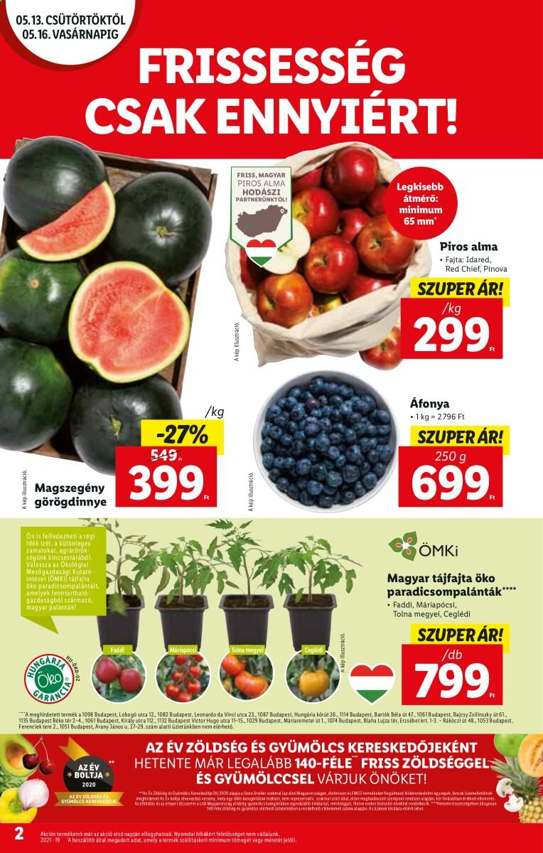 thumbnail - Lidl akciós újsága  - 2021.05.13 - 2021.05.19 - Akciós termékek - görögdinnye, áfonya, alma, Idared, egészségügyi betét, Ria.  2. Oldal