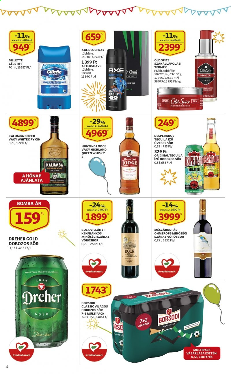 thumbnail - Auchan akciós újsága  - 2021.05.13 - 2021.05.19 - Akciós termékek - sör, Dreher, dobozos sör, üveges sör, Borsodi, Bock, száraz vörösbor, vörösbor, Kékfrankos, gin, Tequila, whisky, Kalumba, Axe, Old Spice, Gillette.  4. Oldal