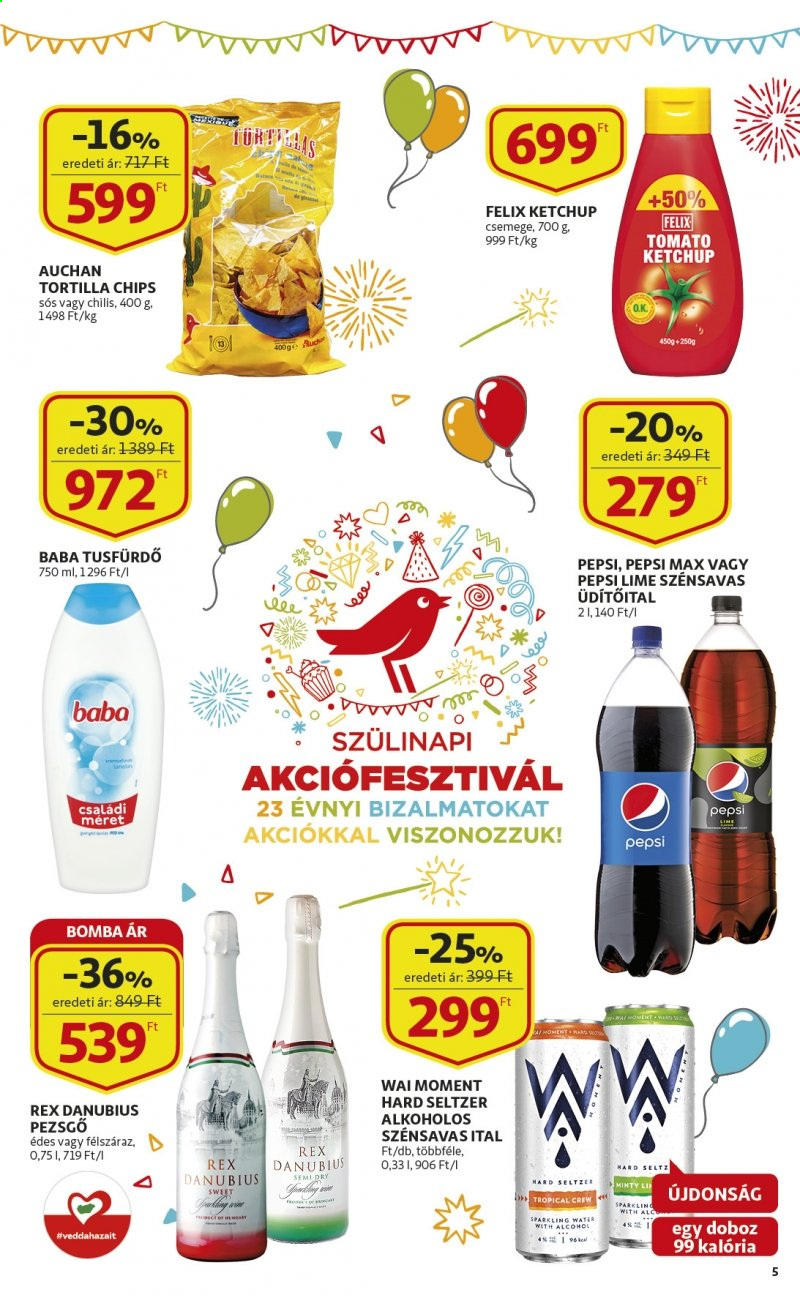 thumbnail - Auchan akciós újsága  - 2021.05.13 - 2021.05.19 - Akciós termékek - lime, hard seltzer, tortilla, tortilla chips, burgonyasnack, ketchup, Pepsi, üditőital, pezsgő, tusfürdő, Felix.  5. Oldal