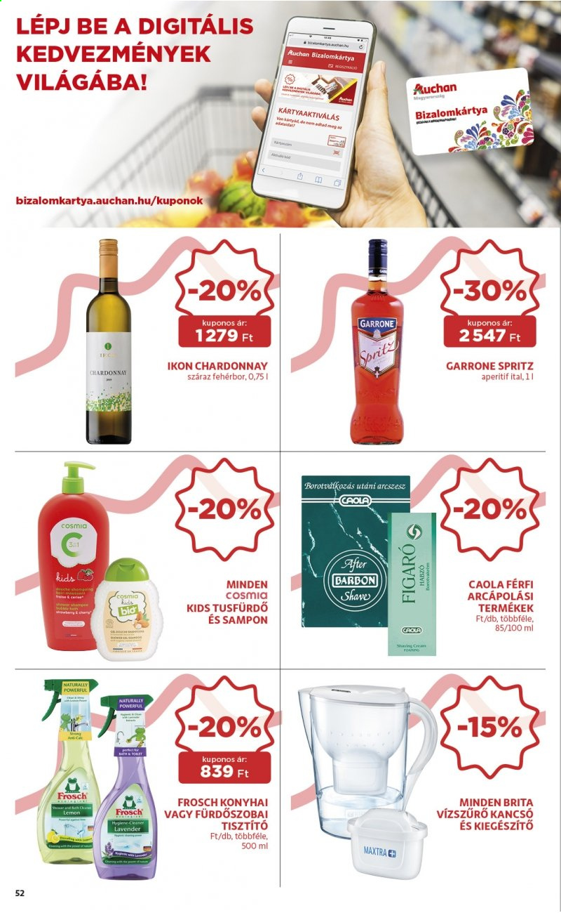 thumbnail - Auchan akciós újsága  - 2021.05.13 - 2021.05.19 - Akciós termékek - Figaro, fehérbor, Chardonnay, Frosch, tisztító, sampon, tusfürdő, vizszürő, vízszűrő kancsó.  52. Oldal