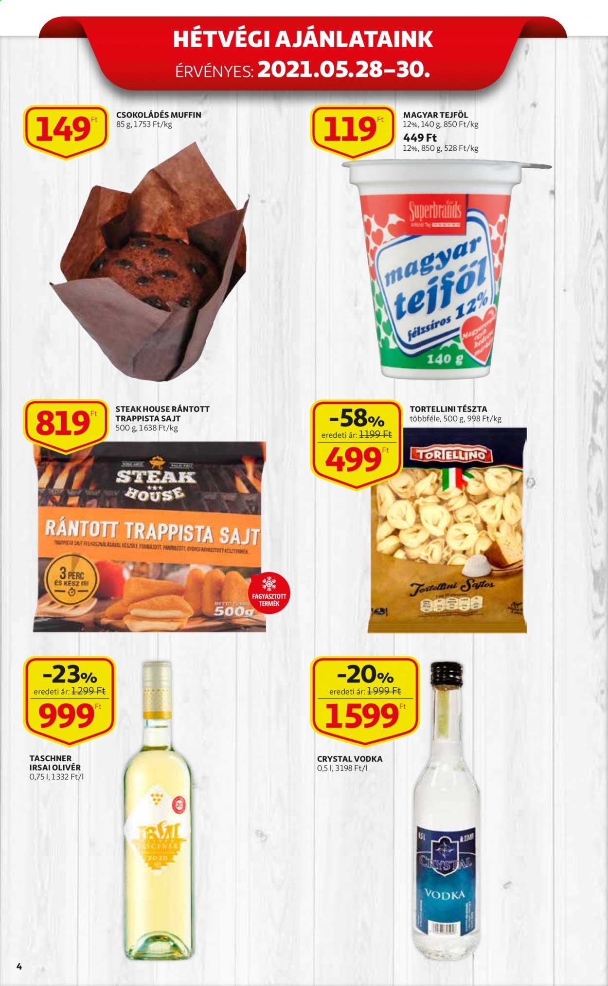 thumbnail - Auchan akciós újsága  - 2021.05.27 - 2021.06.02 - Akciós termékek - muffin, sajt, trappista sajt, tejföl, tészta, tortellini, vodka.  4. Oldal