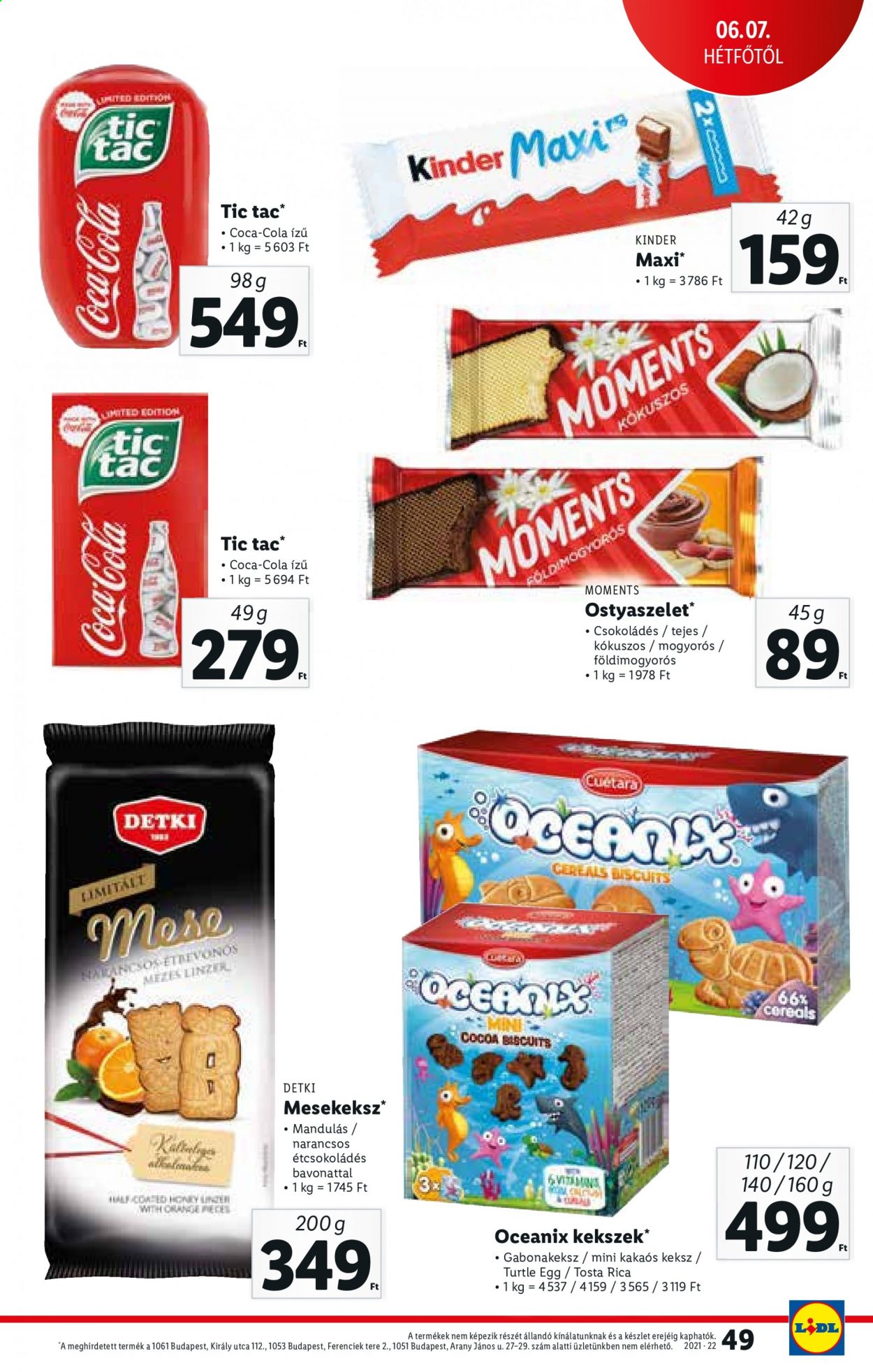 thumbnail - Lidl akciós újsága  - 2021.06.03 - 2021.06.09 - Akciós termékek - Kinder, étcsokoládé, keksz, Detki, kakaós keksz, Coca-cola.  49. Oldal