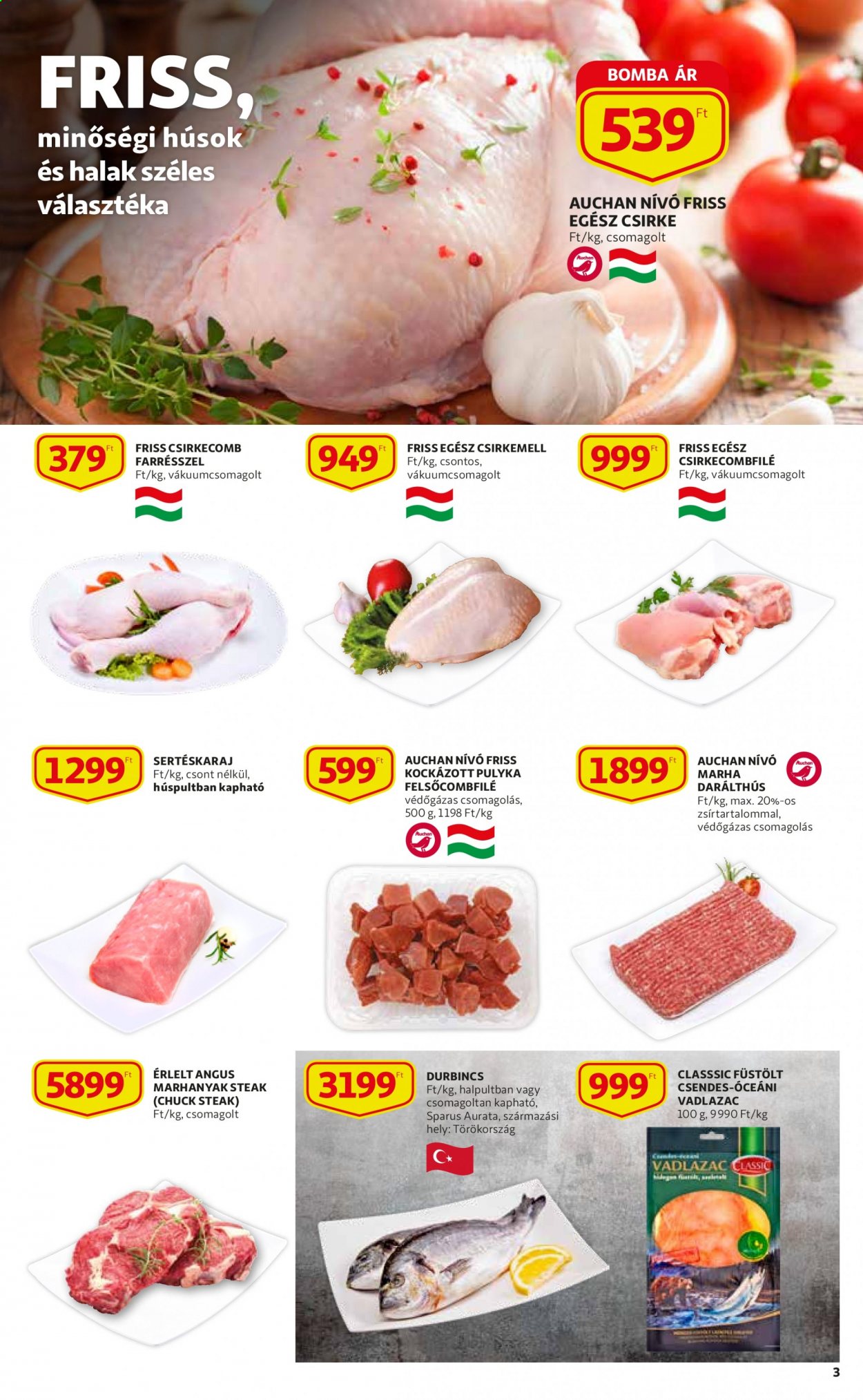 thumbnail - Auchan akciós újsága  - 2021.06.17 - 2021.06.23 - Akciós termékek - sertéskaraj, csirkecomb, csirkemell, pulyka felsőcomb, pulykahús, csirkecombfilé, egész csirke, darált marhahús, marhanyak, vadlazac, durbincs.  3. Oldal