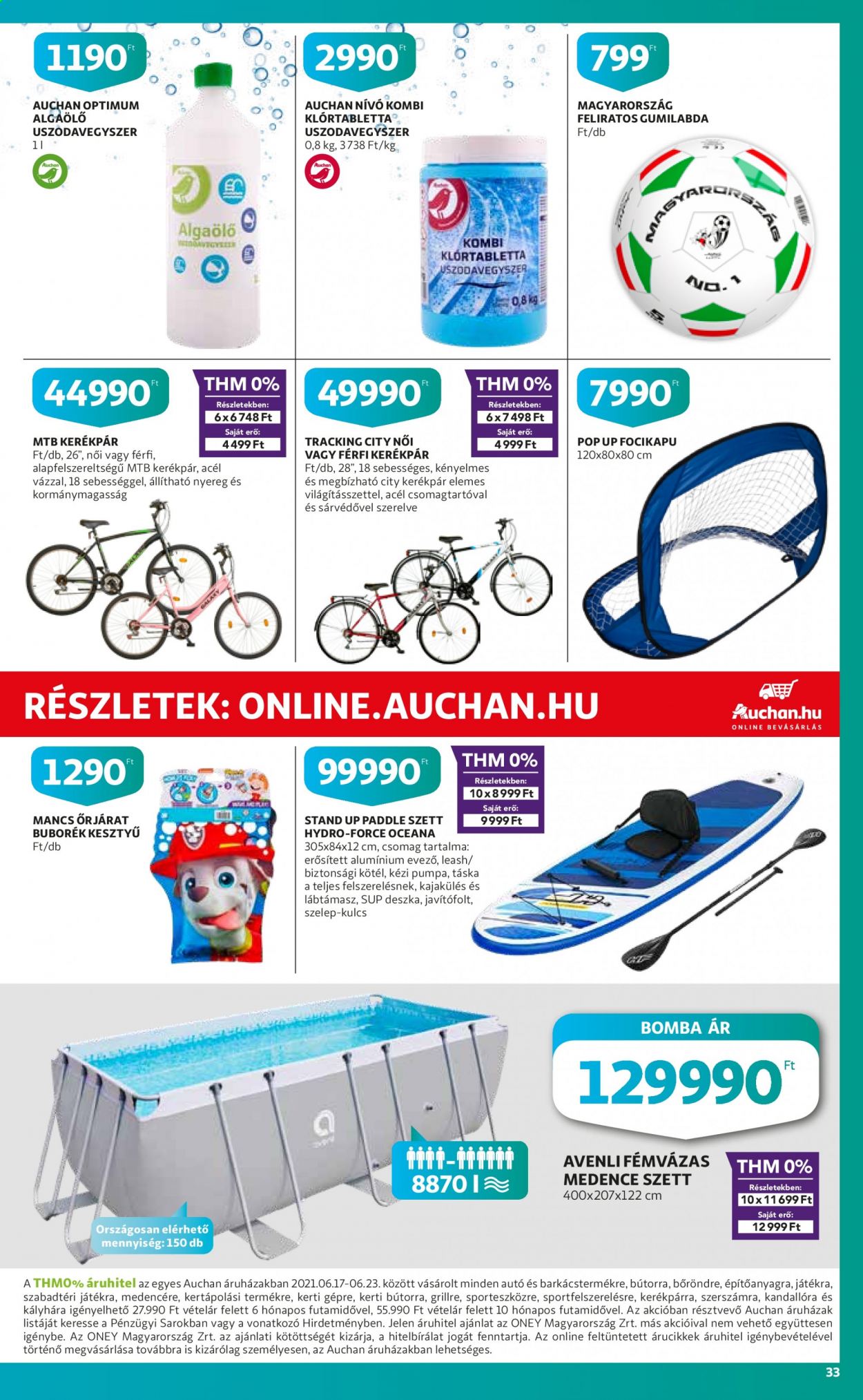 thumbnail - Auchan akciós újsága  - 2021.06.17 - 2021.06.23 - Akciós termékek - táska, lábtámasz, kerékpár, bicikli, MTB, kötél, Mancs őrjárat, focikapu, úszómedence.  33. Oldal
