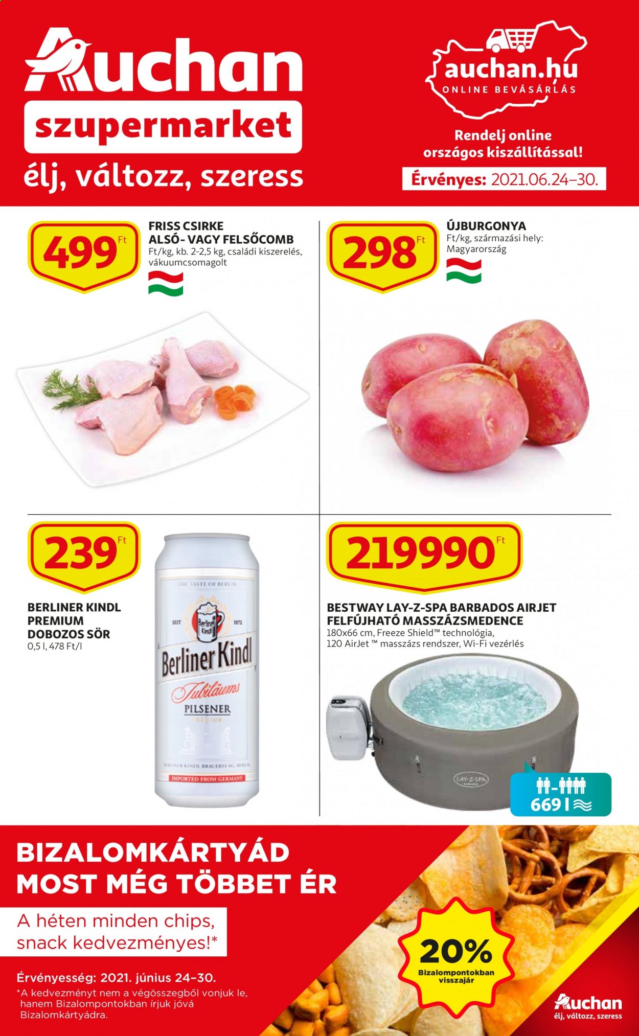 thumbnail - Auchan akciós újsága  - 2021.06.24 - 2021.06.30 - Akciós termékek - sör, dobozos sör, csirke alsócomb, csirke felsőcomb, csirkehús, burgonyasnack, Lay-Z-Spa.  1. Oldal