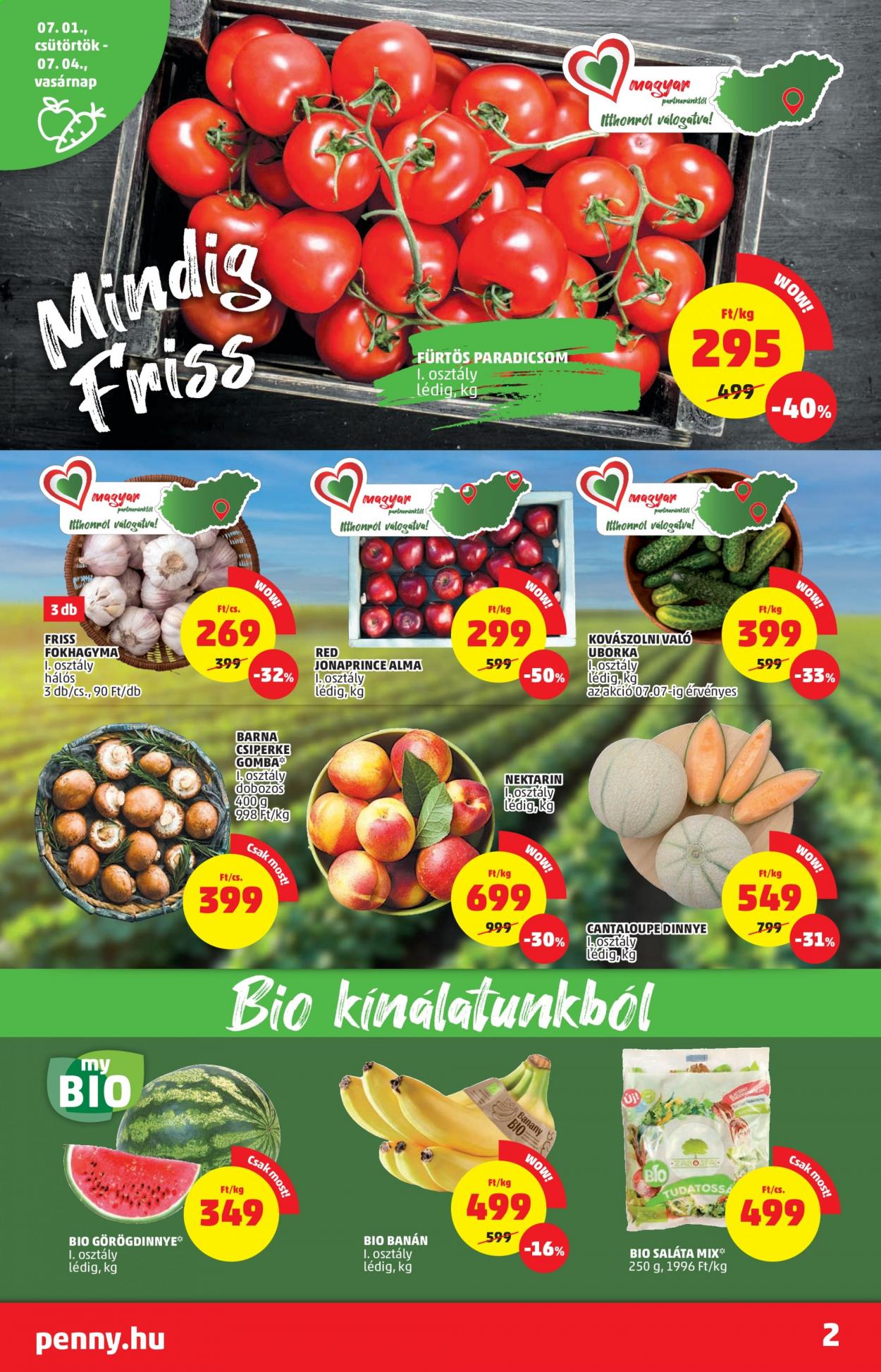 thumbnail - Penny Market akciós újsága  - 2021.07.01 - 2021.07.07 - Akciós termékek - banán, görögdinnye, nektarin, alma, paradicsom, fokhagyma, uborka.  2. Oldal