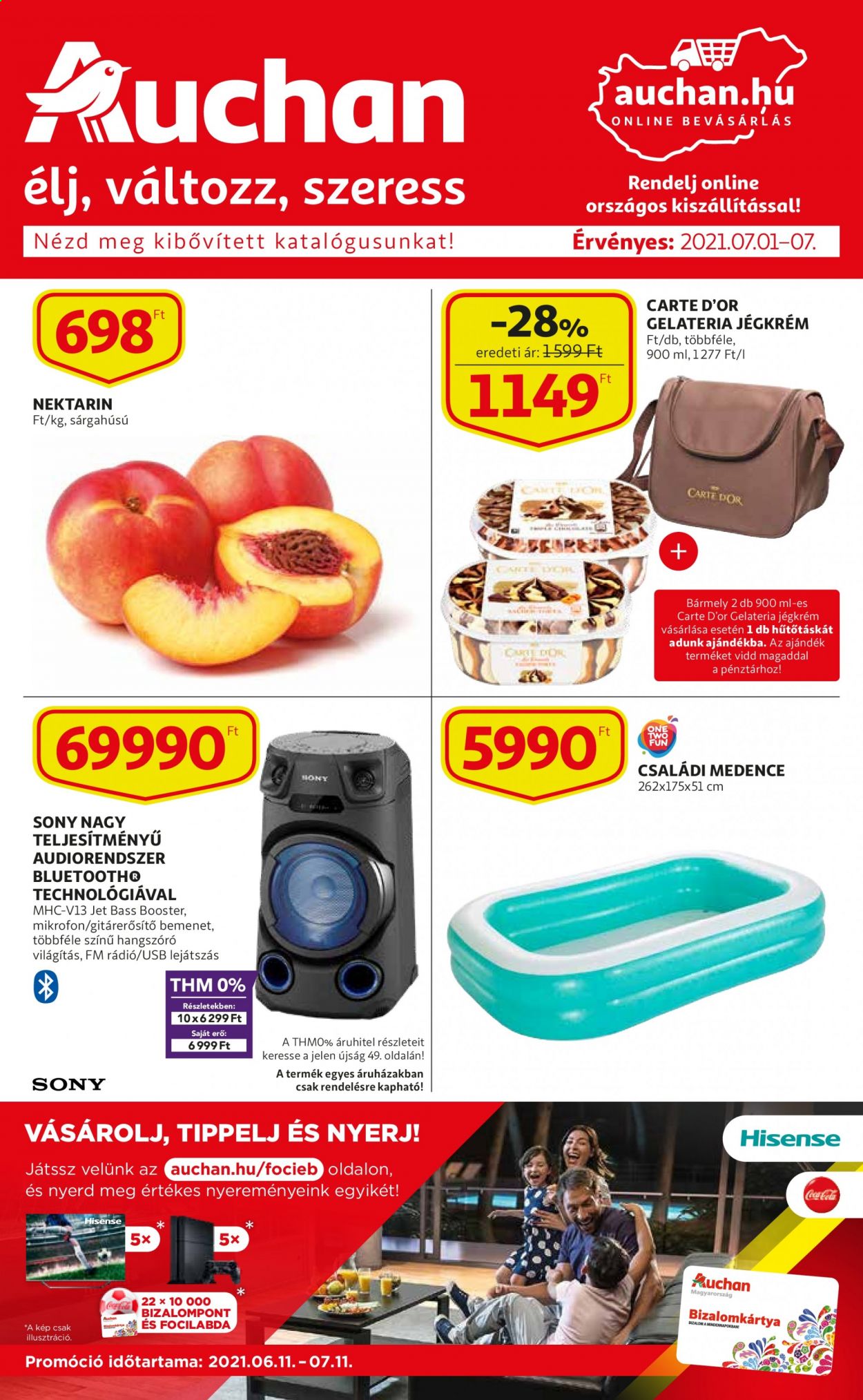 thumbnail - Auchan akciós újsága  - 2021.07.01 - 2021.07.07 - Akciós termékek - nektarin, jégkrém, Carte d'Or, Sony, rádió, focilabda, úszómedence.  1. Oldal