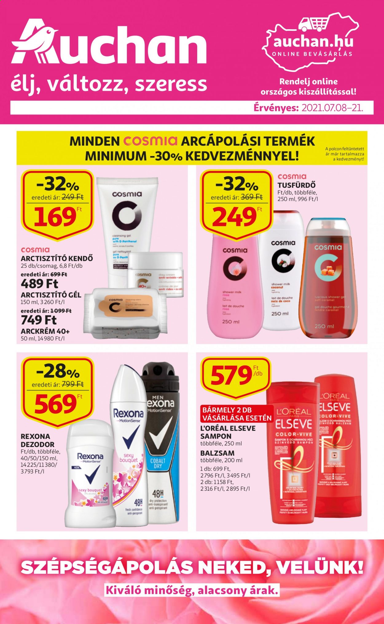 thumbnail - Auchan akciós újsága  - 2021.07.08 - 2021.07.21 - Akciós termékek - sampon, tusfürdő, L’Oréal, arckrém, dezodor, Rexona.  1. Oldal
