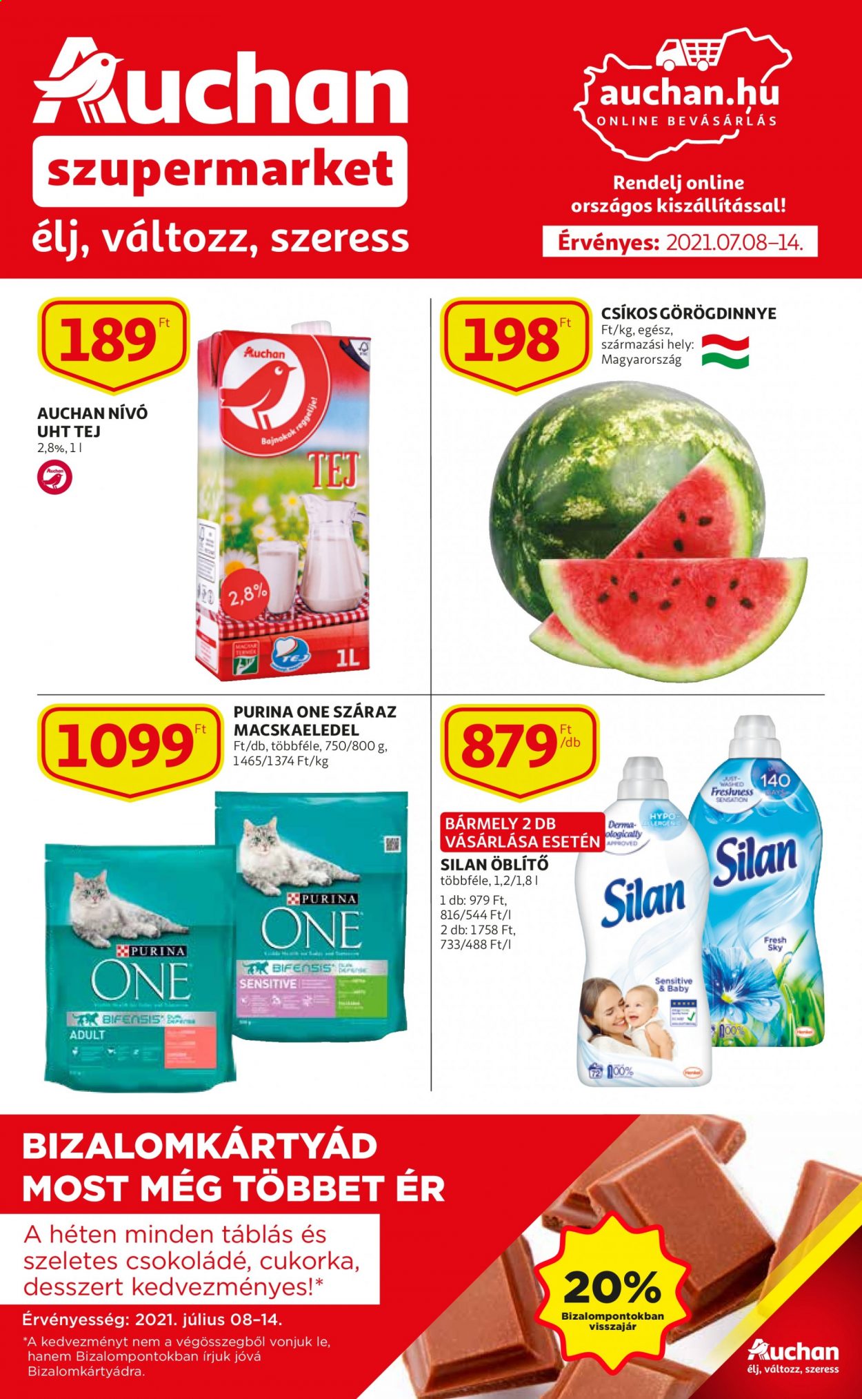 thumbnail - Auchan akciós újsága  - 2021.07.08 - 2021.07.21 - Akciós termékek - görögdinnye, tej, csokoládé, cukorka, öblítő, Silan, macskaeledel, Purina.  1. Oldal