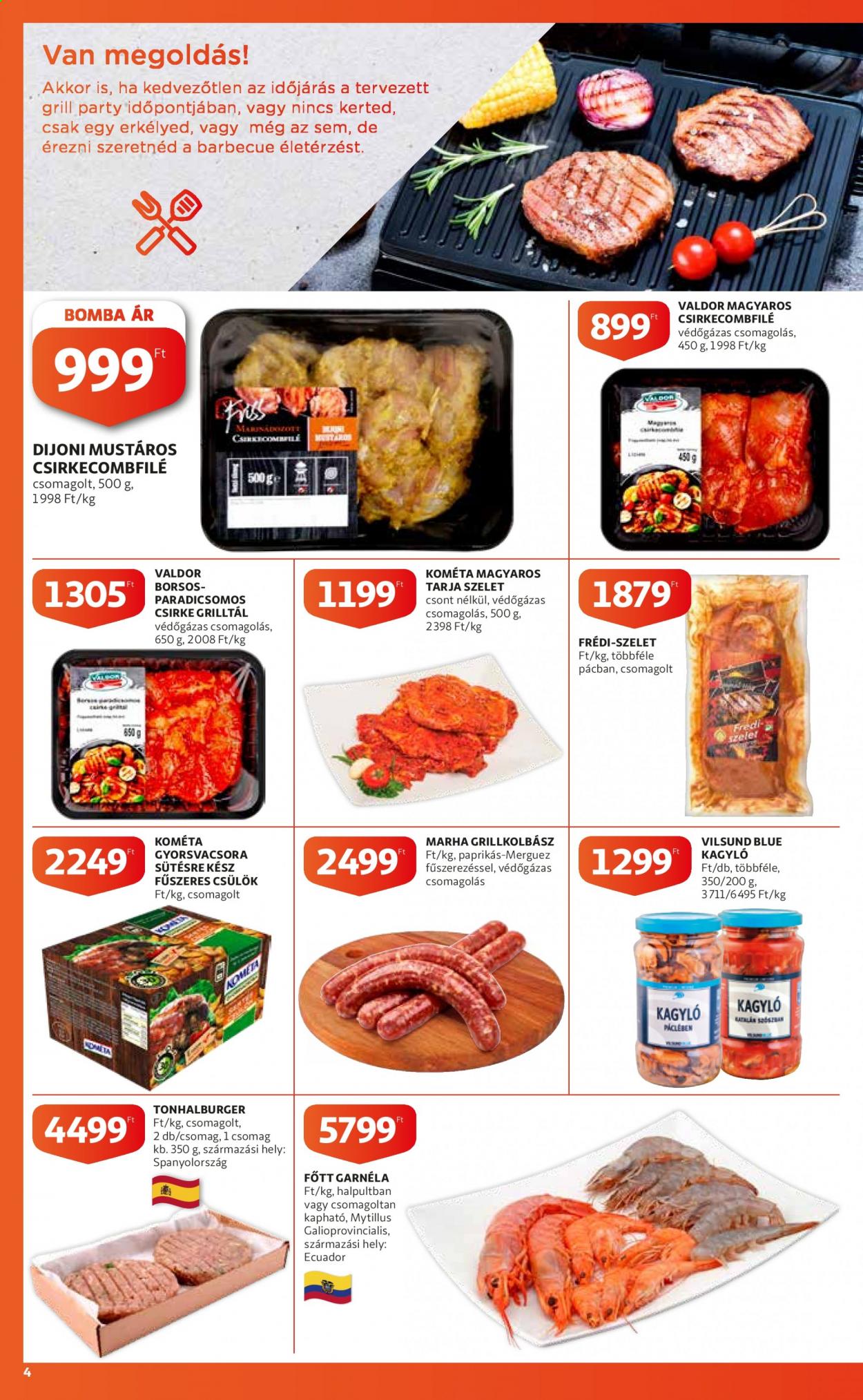 thumbnail - Auchan akciós újsága  - 2021.07.08 - 2021.07.14 - Akciós termékek - csirkecombfilé, csirkehús, garnéla, kagyló, paprikás, Kométa, grillkolbász, grill.  4. Oldal