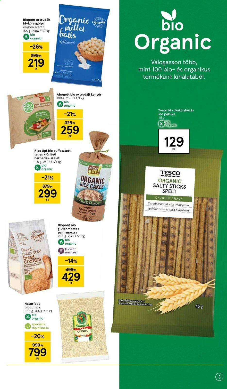 thumbnail - TESCO akciós újsága  - 2021.07.08 - 2021.08.04 - Akciós termékek - extrudált kenyér, zsemlemorzsa, Biopont, sós pálcika, rice UP!, barnarizs, quinoa.  3. Oldal
