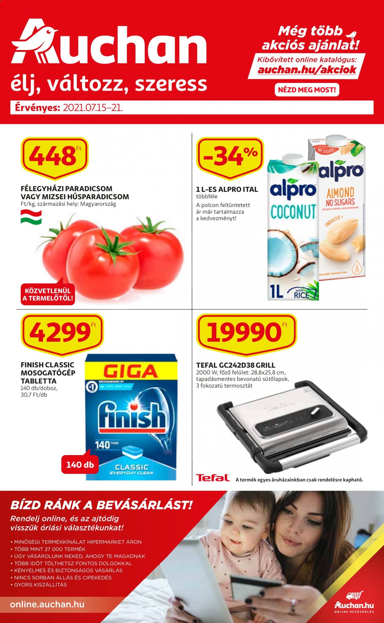 thumbnail - Auchan akciós újsága  - 2021.07.15 - 2021.07.21 - Akciós termékek - Alpro, Finish, mosogatógép tabletta, Tefal.  1. Oldal