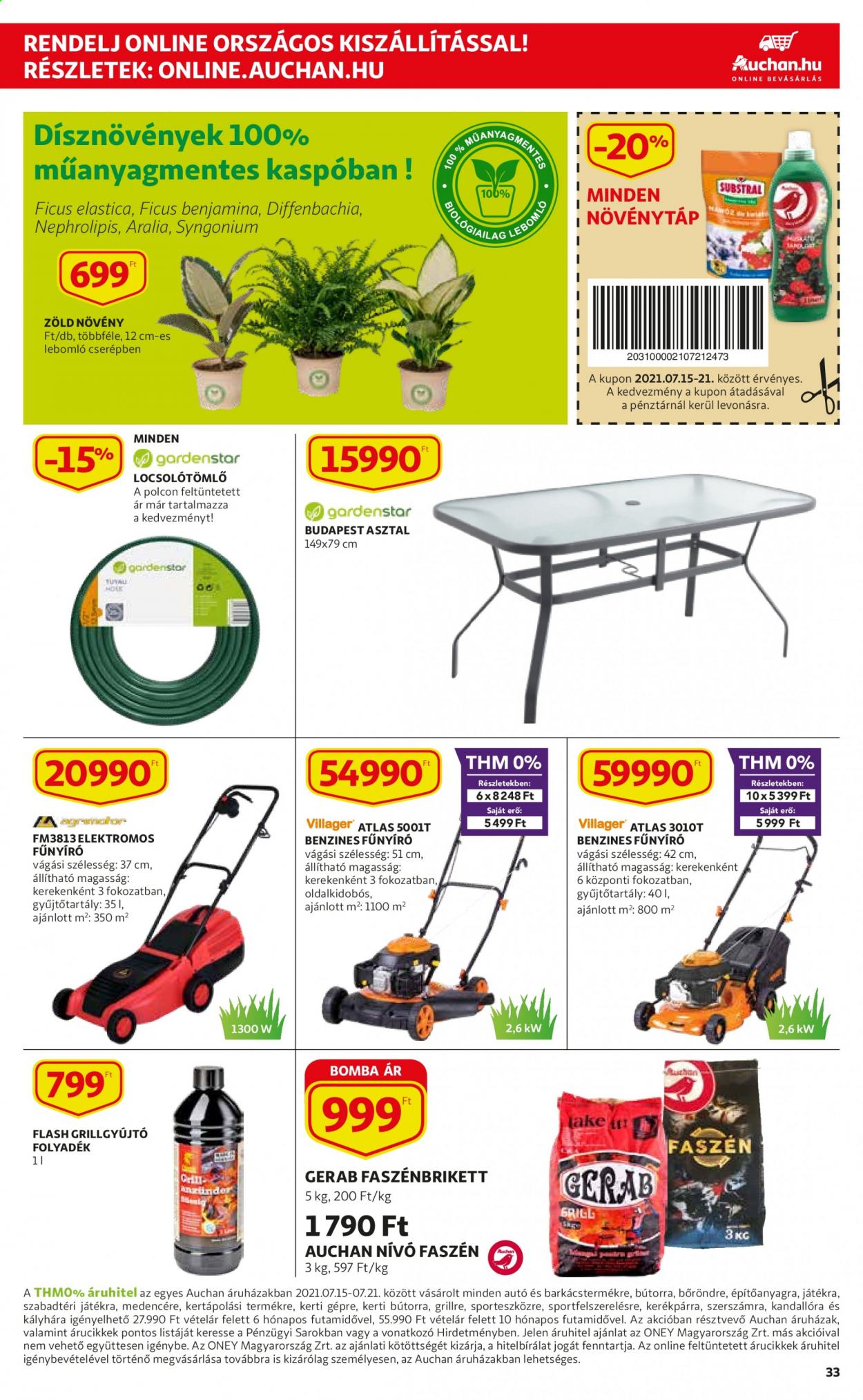 thumbnail - Auchan akciós újsága  - 2021.07.15 - 2021.07.21 - Akciós termékek - asztal, elektromos fünyíró, benzines fünyíró, locsolótömlő.  33. Oldal