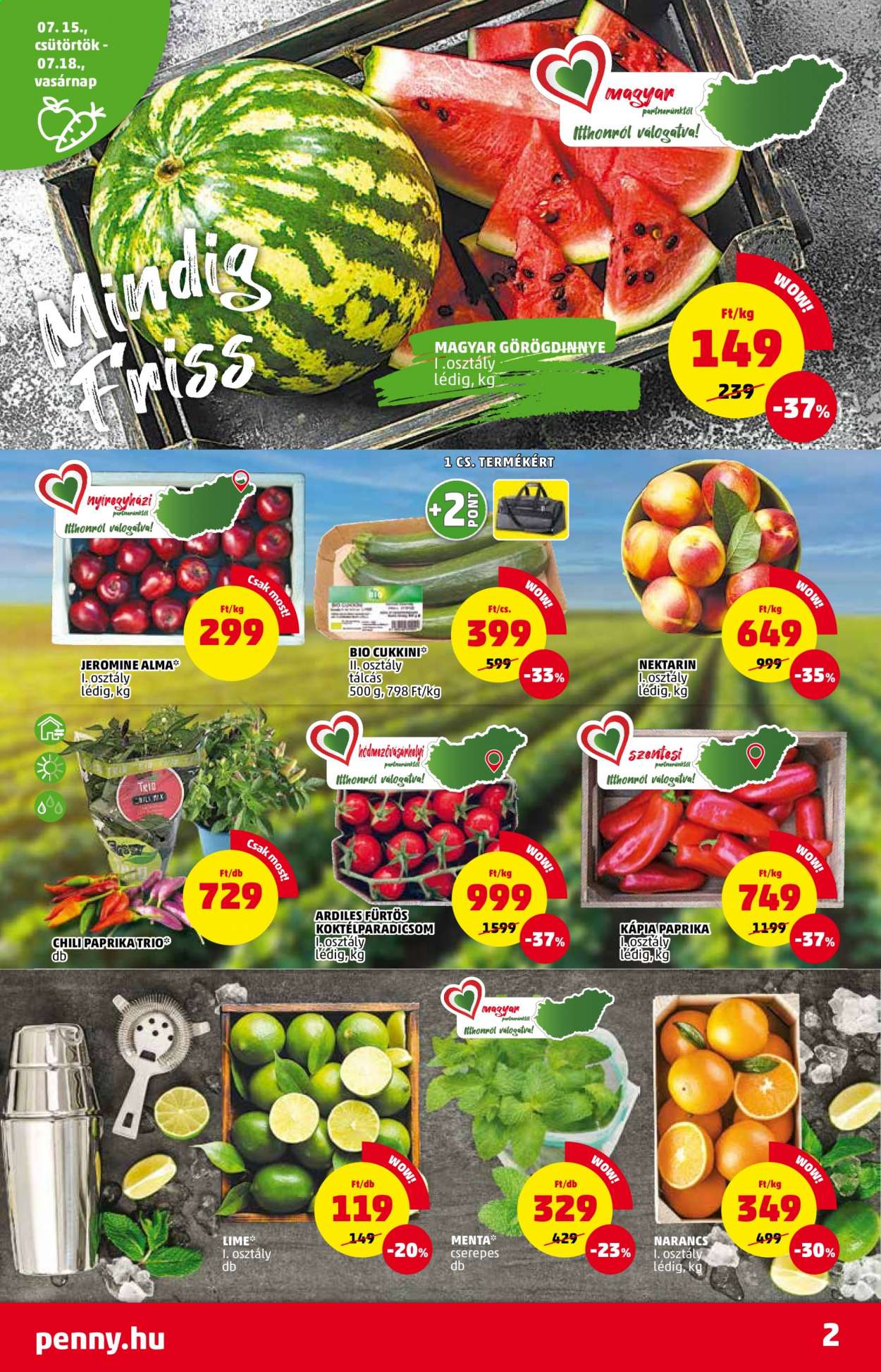 thumbnail - Penny Market akciós újsága  - 2021.07.15 - 2021.07.21 - Akciós termékek - görögdinnye, lime, nektarin, alma, narancs, cukkini, koktélparadicsom, paprika, kápia paprika, menta, chili.  2. Oldal