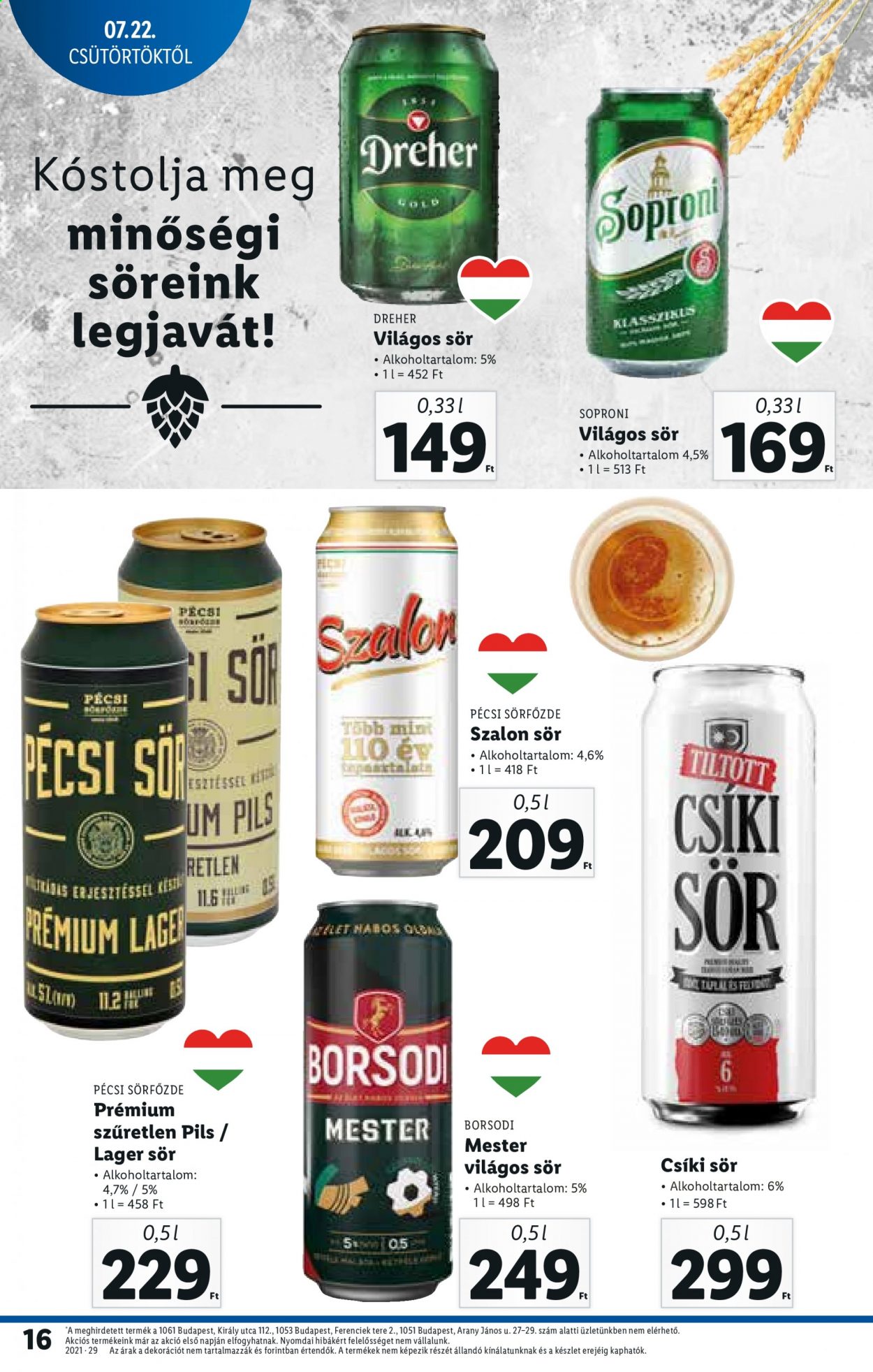 thumbnail - Lidl akciós újsága  - 2021.07.22 - 2021.07.28 - Akciós termékek - Craft, világos sör, sör, Dreher, Soproni, Borsodi.  16. Oldal