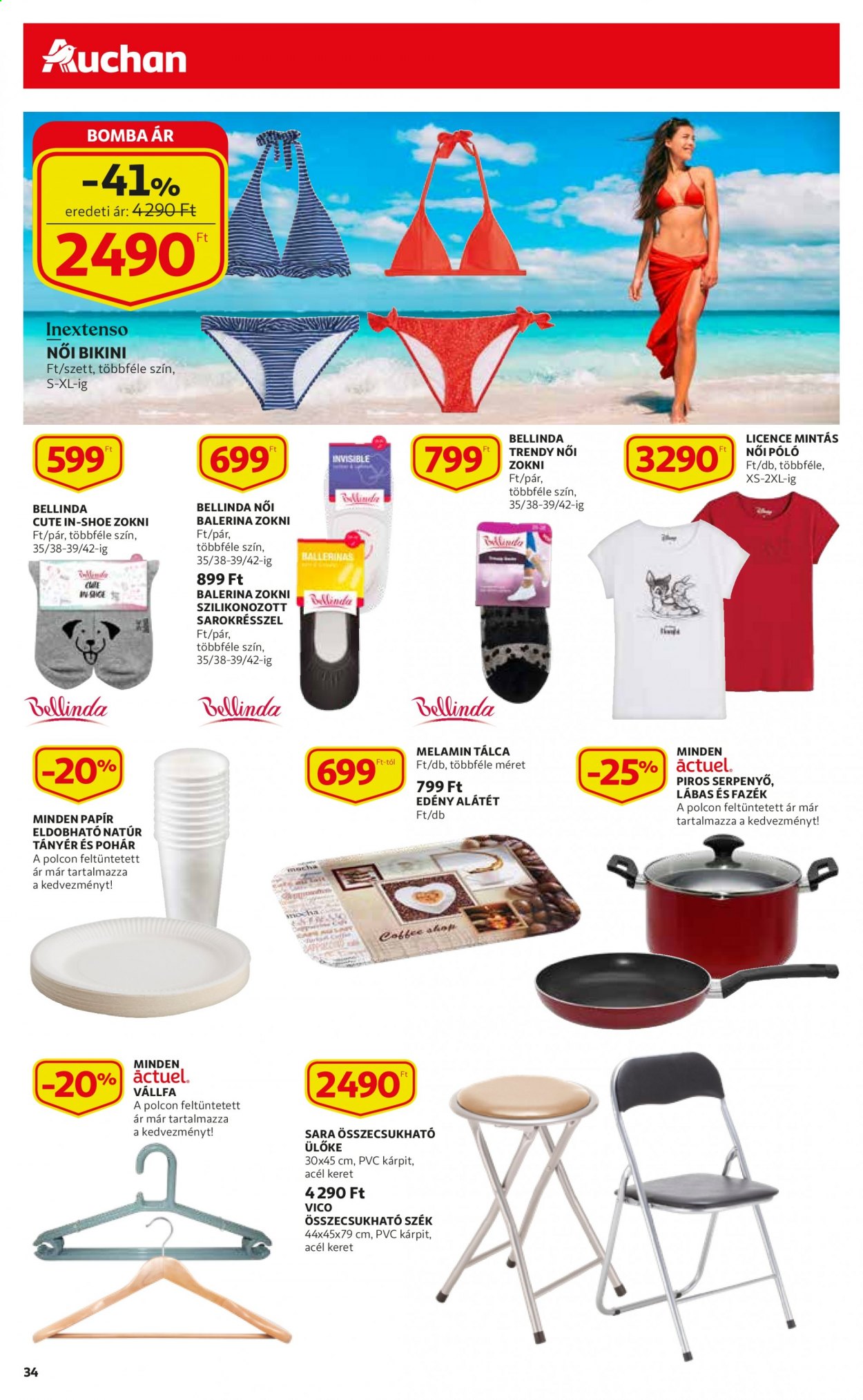 thumbnail - Auchan akciós újsága  - 2021.07.22 - 2021.07.28 - Akciós termékek - póló, bikini, zokni, tálalótányér, fazék, serpenyő, pohár, tálca, tányér, edény, szék.  34. Oldal