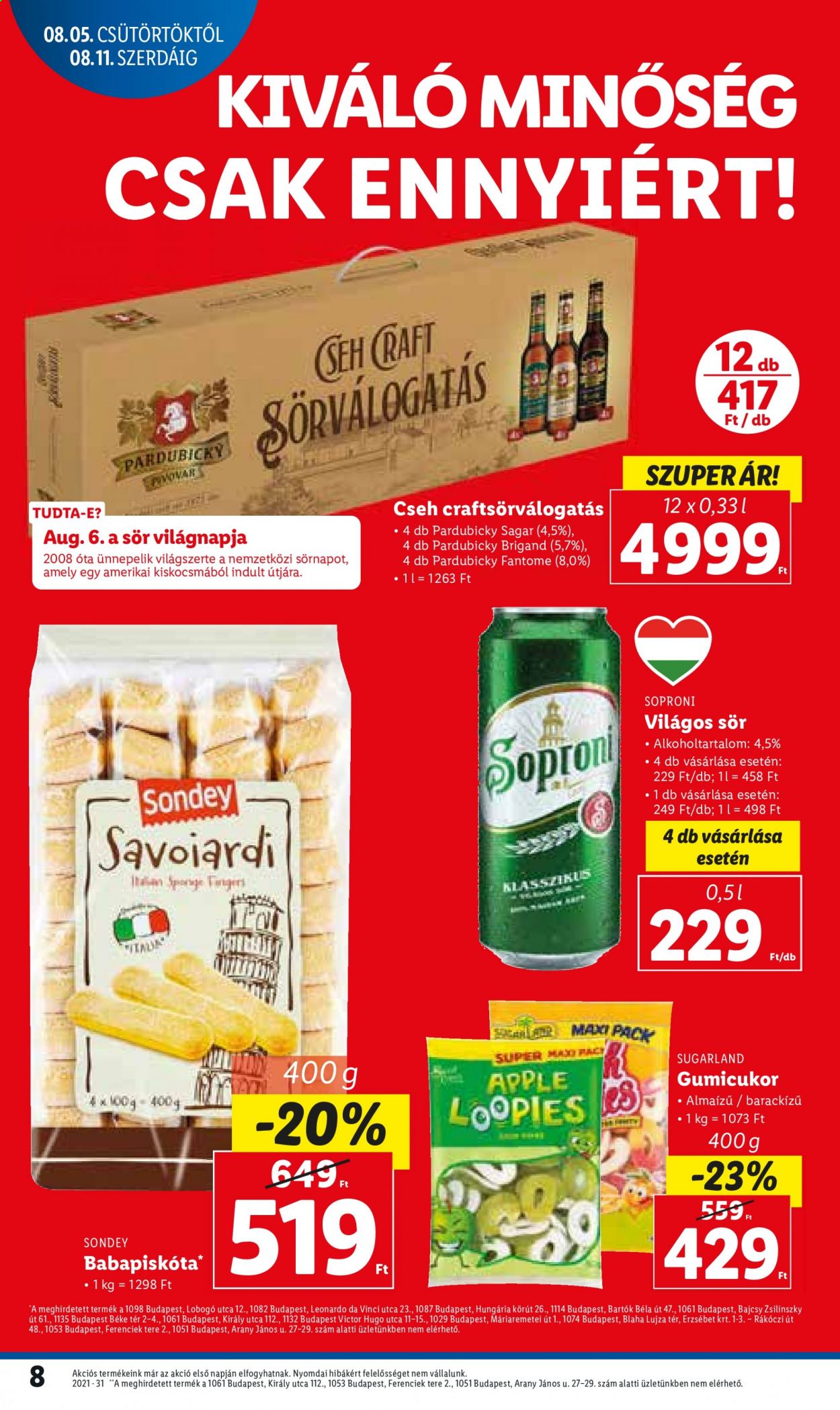 thumbnail - Lidl akciós újsága  - 2021.08.05 - 2021.08.11 - Akciós termékek - világos sör, sör, Soproni, babapiskóta, gumicukor, Sondey.  8. Oldal