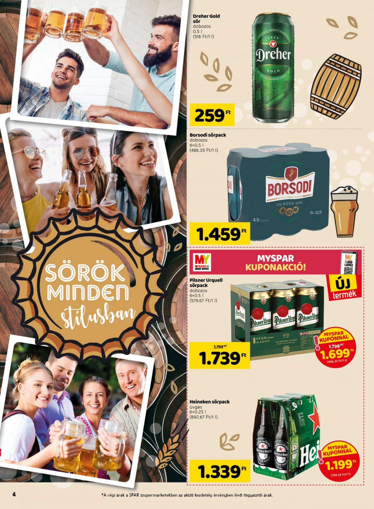 thumbnail - SPAR akciós újsága  - 2021.08.05 - 2021.08.11 - Akciós termékek - világos sör, sör, Dreher, Heineken, Pilsner Urquell, Borsodi.  4. Oldal