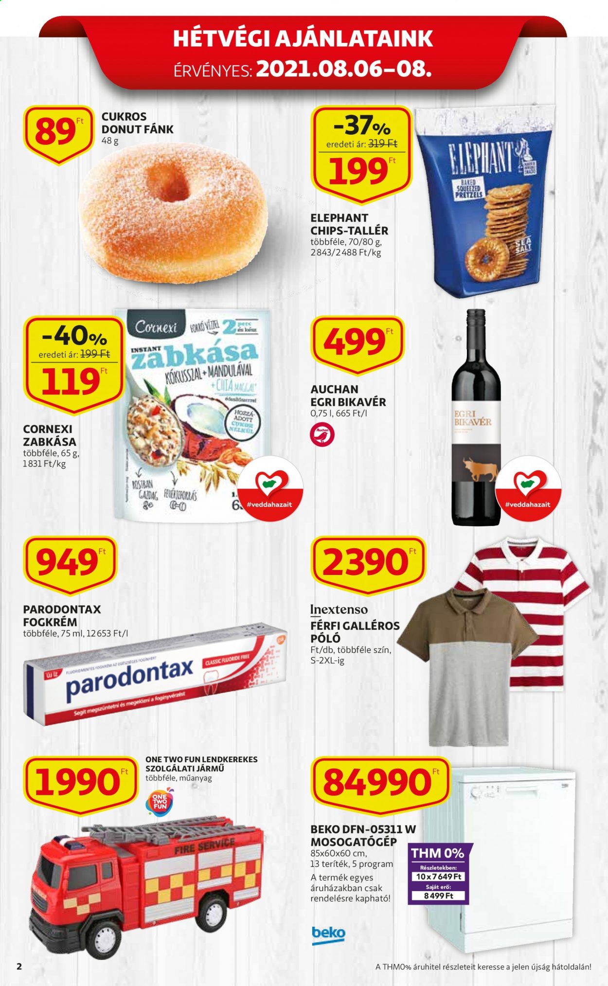 thumbnail - Auchan akciós újsága  - 2021.08.05 - 2021.08.11 - Akciós termékek - póló, fánk, burgonyasnack, zabkása, Egri Bikavér, fogkrém, Parodontax, Beko, mosogatógép.  2. Oldal