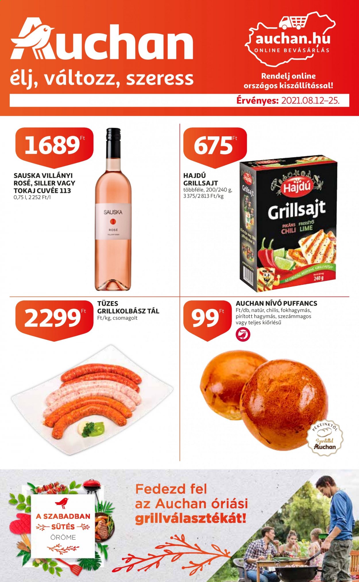 thumbnail - Auchan akciós újsága  - 2021.08.12 - 2021.08.25 - Akciós termékek - lime, grillkolbász, Hajdú, grillsajt, chili, Cuvée, tál.  1. Oldal