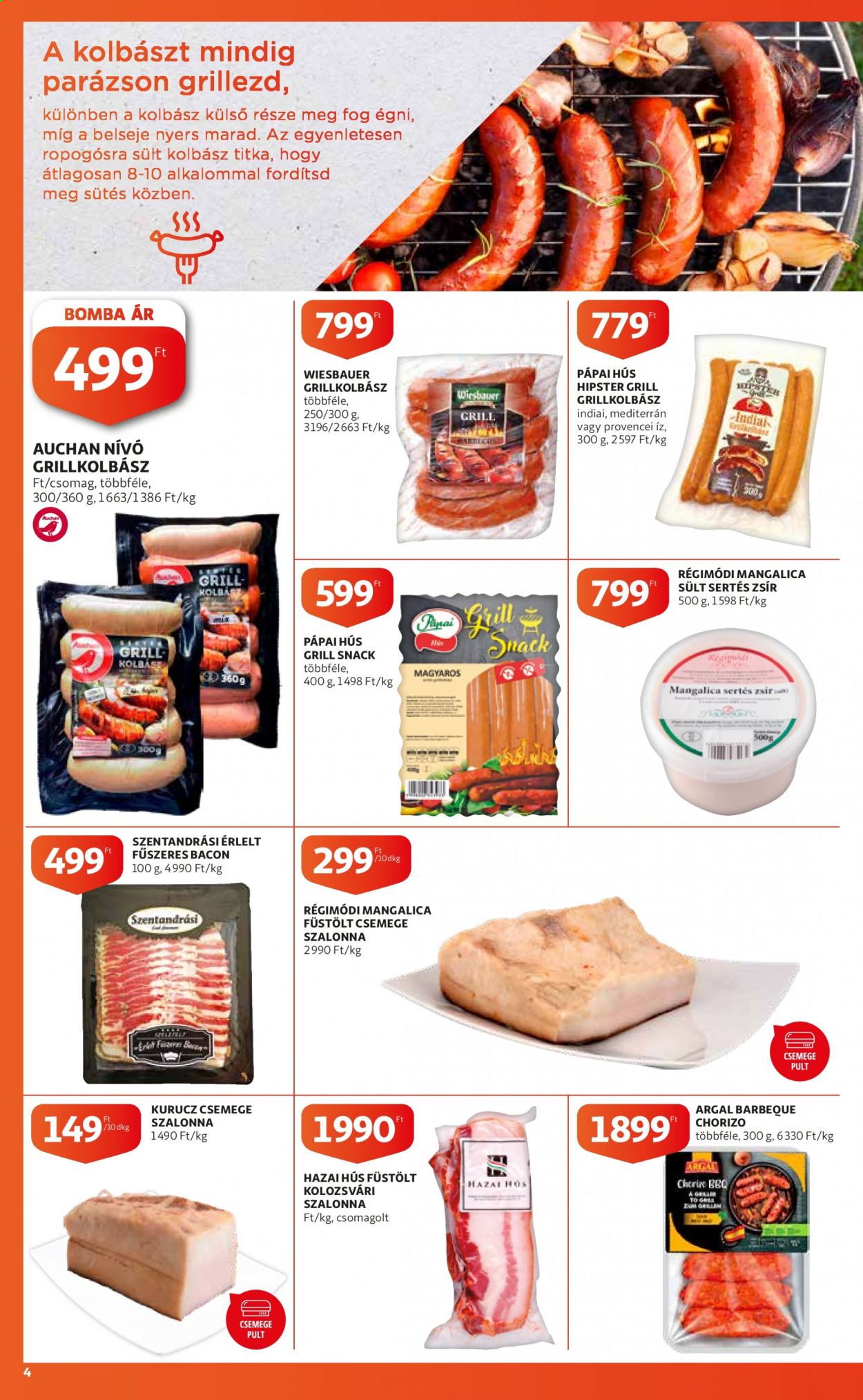 thumbnail - Auchan akciós újsága  - 2021.08.12 - 2021.08.25 - Akciós termékek - kolozsvári szalonna, chorizo, szalonna, Pápai, grillkolbász, mangalica, grill.  4. Oldal