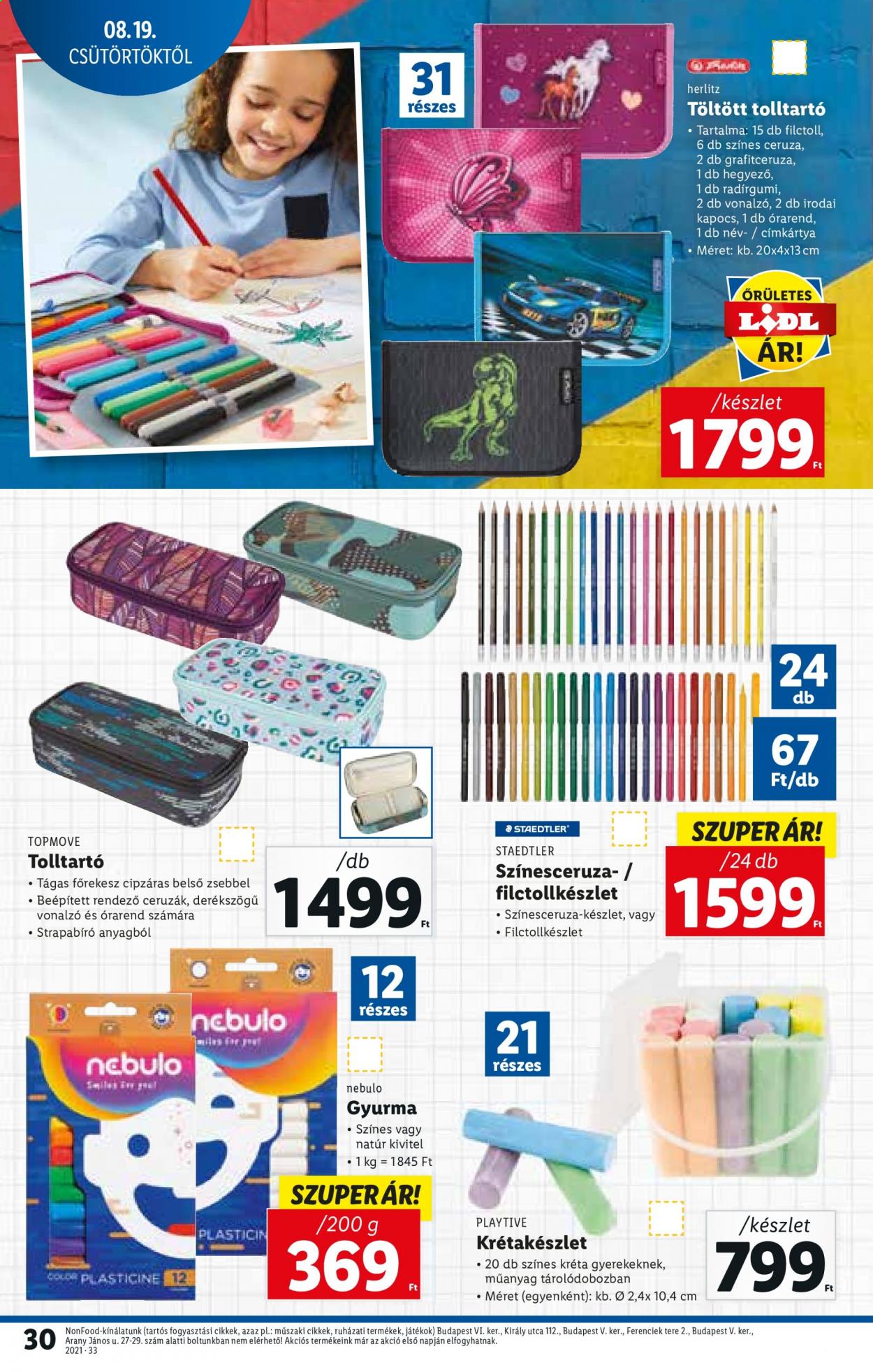 thumbnail - Lidl akciós újsága  - 2021.08.19 - 2021.08.25 - Akciós termékek - ceruza, gyurmák, tolltartó, filctollkészlet, színes ceruza.  30. Oldal