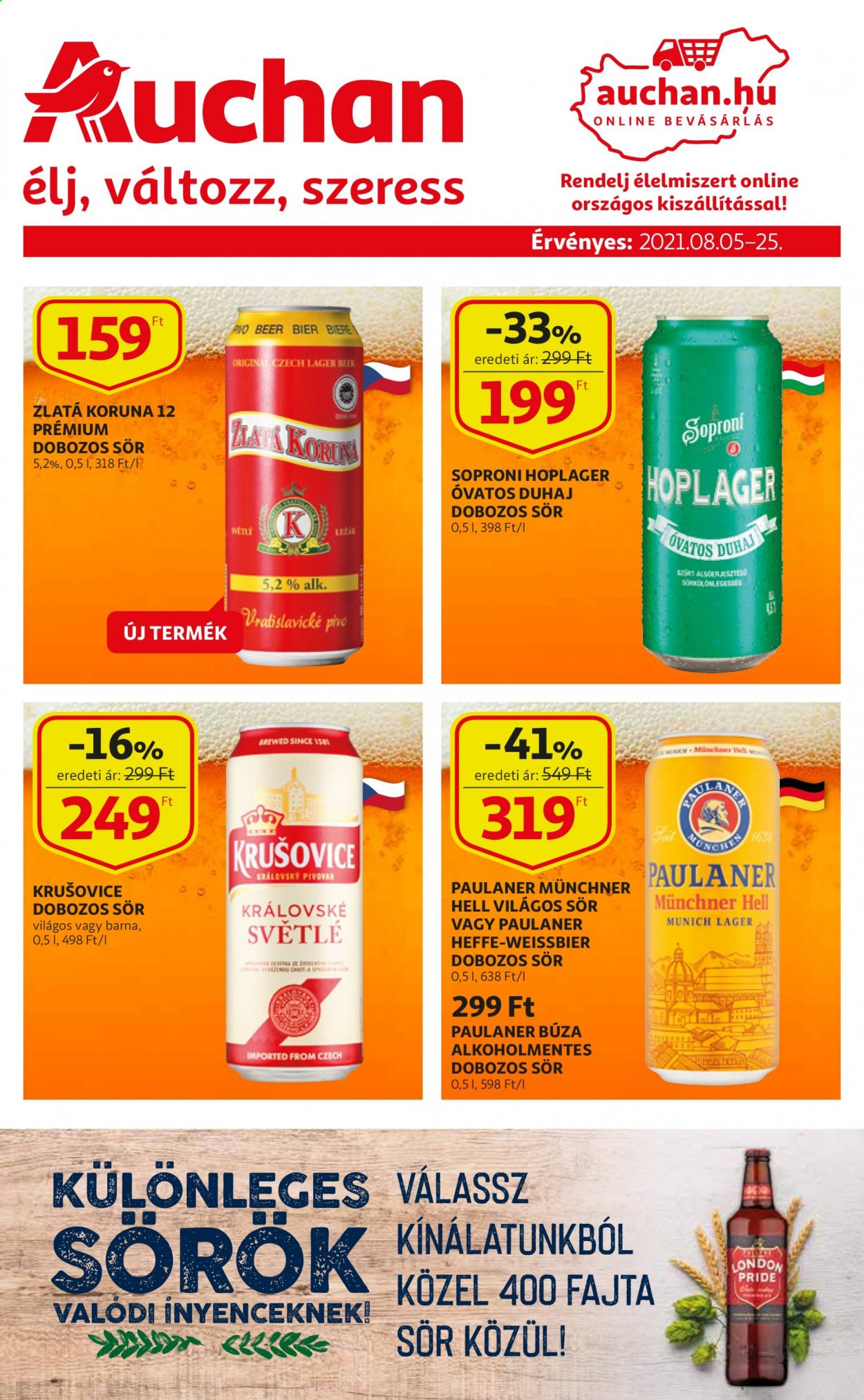 thumbnail - Auchan akciós újsága  - 2021.08.05 - 2021.08.25 - Akciós termékek - világos sör, sör, dobozos sör, Soproni, Krušovice, Hell.  1. Oldal