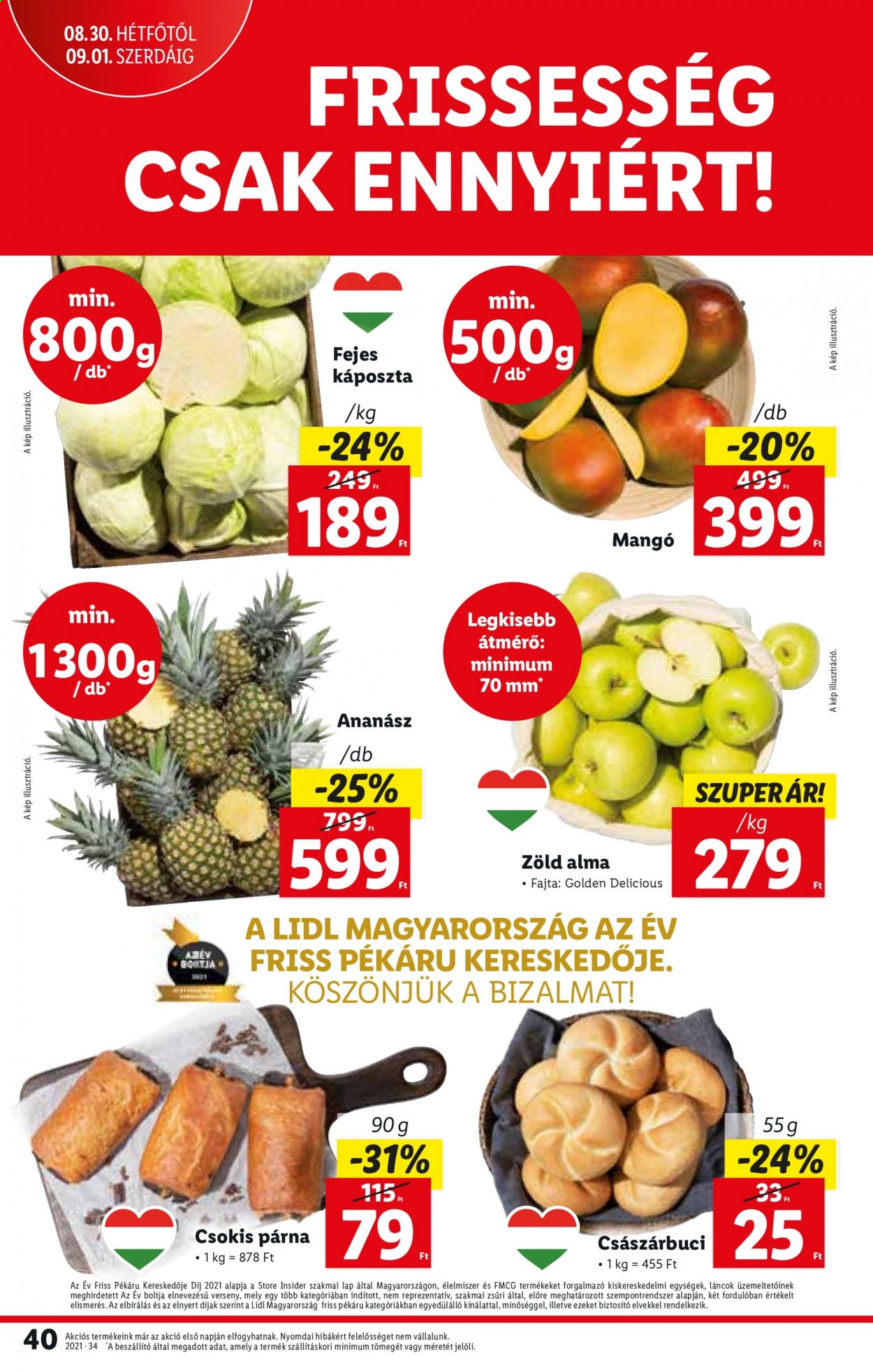 thumbnail - Lidl akciós újsága  - 2021.08.26 - 2021.09.01 - Akciós termékek - mangó, ananász, Golden Delicious, káposzta, párna.  40. Oldal