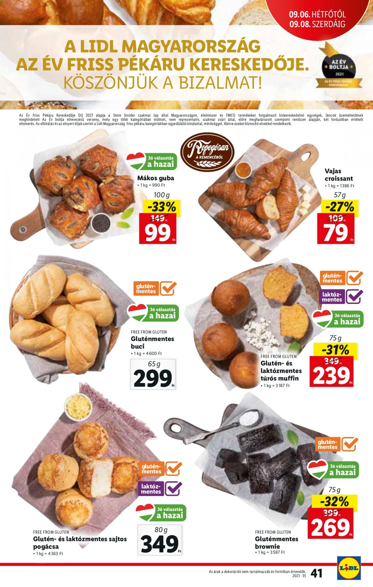 Lidl akciós újsága  - 2021.09.02 - 2021.09.08 - Akciós termékek - croissant, pogácsa, buci, muffin, brownie.  41. Oldal