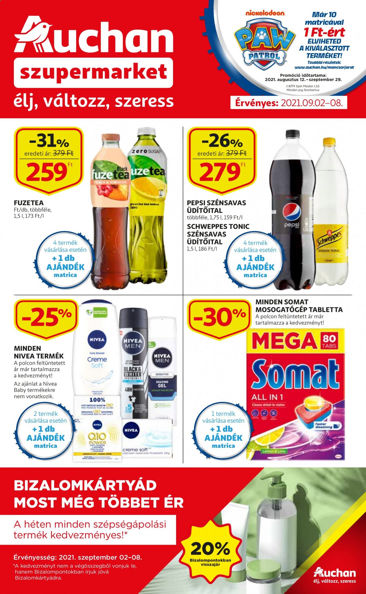 thumbnail - Auchan akciós újsága  - 2021.09.02 - 2021.09.08 - Akciós termékek - Pepsi, Schweppes, tonic, üditőital, FuzeTea, Nivea, Somat, mosogatógép tabletta.  1. Oldal