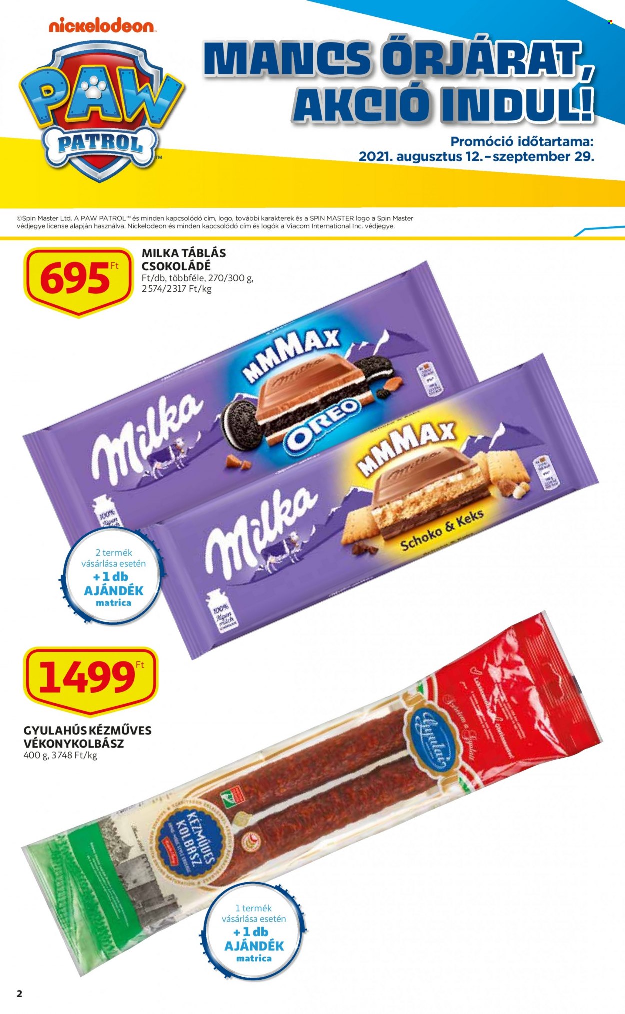 thumbnail - Auchan akciós újsága  - 2021.09.16 - 2021.09.22 - Akciós termékek - kolbász, Milka, Oreo, csokoládé, Mancs őrjárat.  2. Oldal