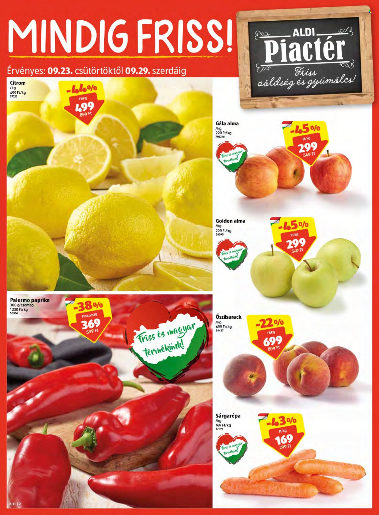 thumbnail - Aldi akciós újsága  - 2021.09.23 - 2021.09.29 - Akciós termékek - citrom, őszibarack, alma, paprika, sárgarépa.  2. Oldal