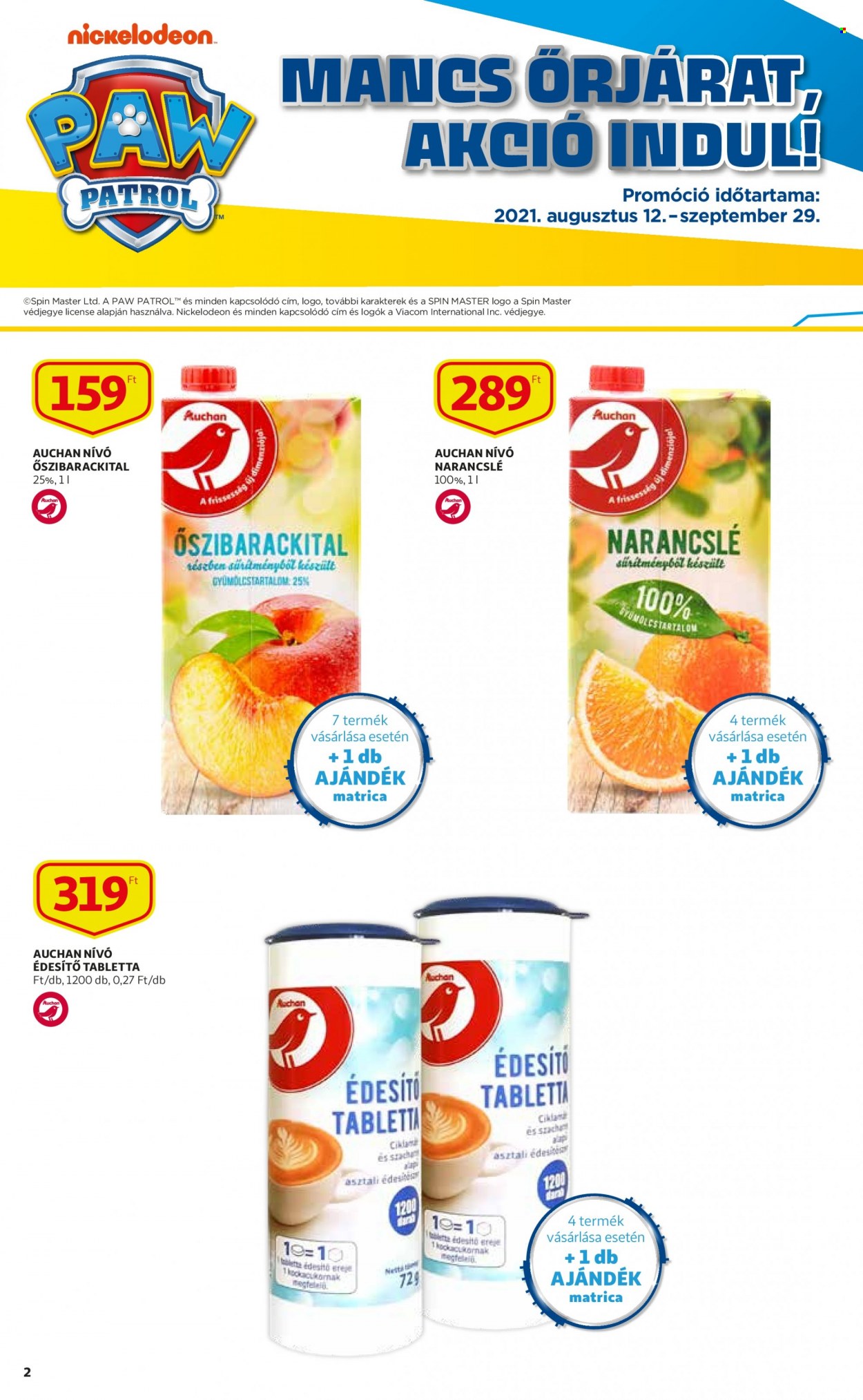 thumbnail - Auchan akciós újsága  - 2021.09.23 - 2021.09.29 - Akciós termékek - narancslé, Mancs őrjárat.  2. Oldal