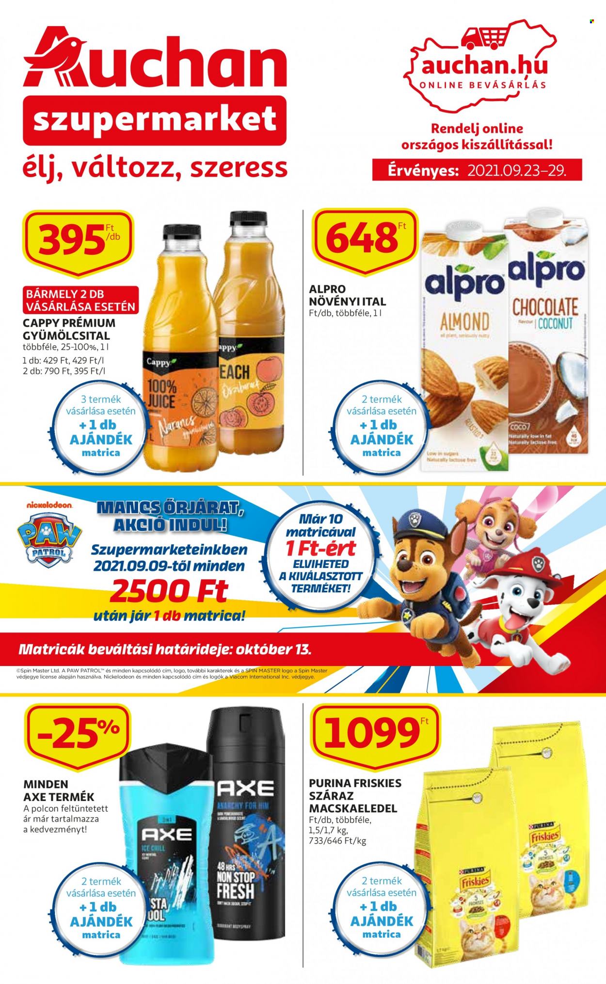 thumbnail - Auchan akciós újsága  - 2021.09.23 - 2021.09.29 - Akciós termékek - Alpro, növényi tej, Cappy, gyümölcsital, Axe, Friskies, macskaeledel, Purina, Mancs őrjárat.  1. Oldal