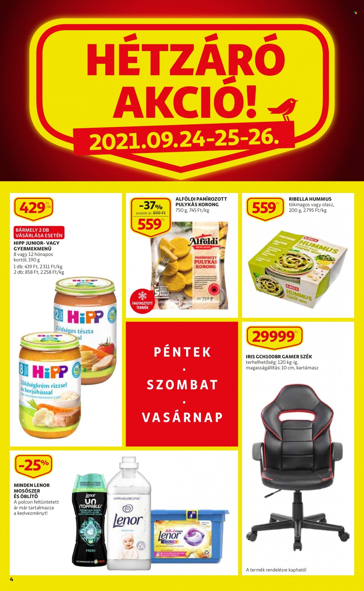 thumbnail - Auchan akciós újsága  - 2021.09.23 - 2021.09.29 - Akciós termékek - hummusz, Hipp, tészta, öblítő, Lenor, mosószer, gamer szék, szék.  4. Oldal
