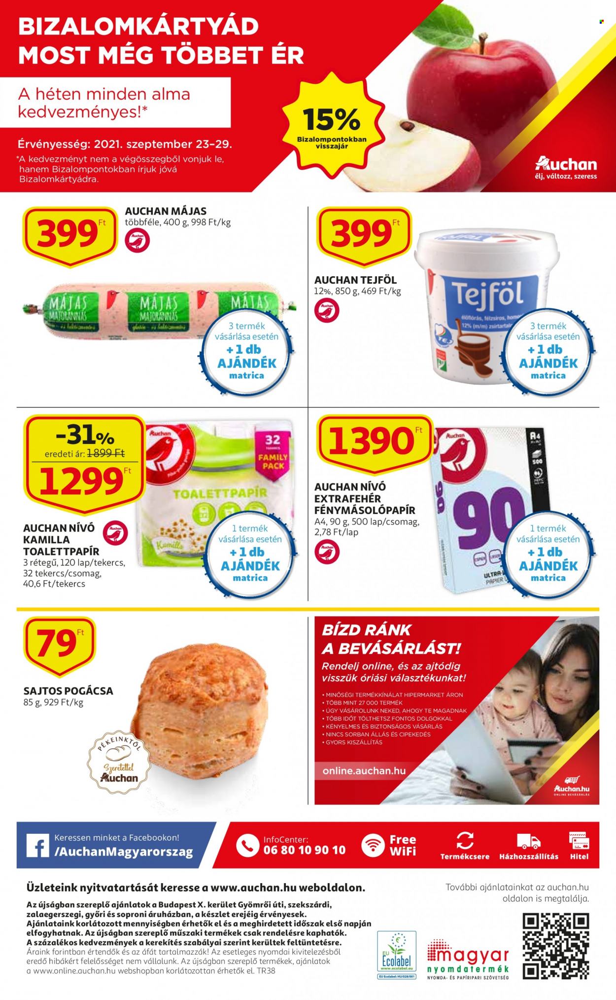 thumbnail - Auchan akciós újsága  - 2021.09.23 - 2021.09.29 - Akciós termékek - pogácsa, májas, tejföl, toalettpapír, fénymásolópapír.  12. Oldal