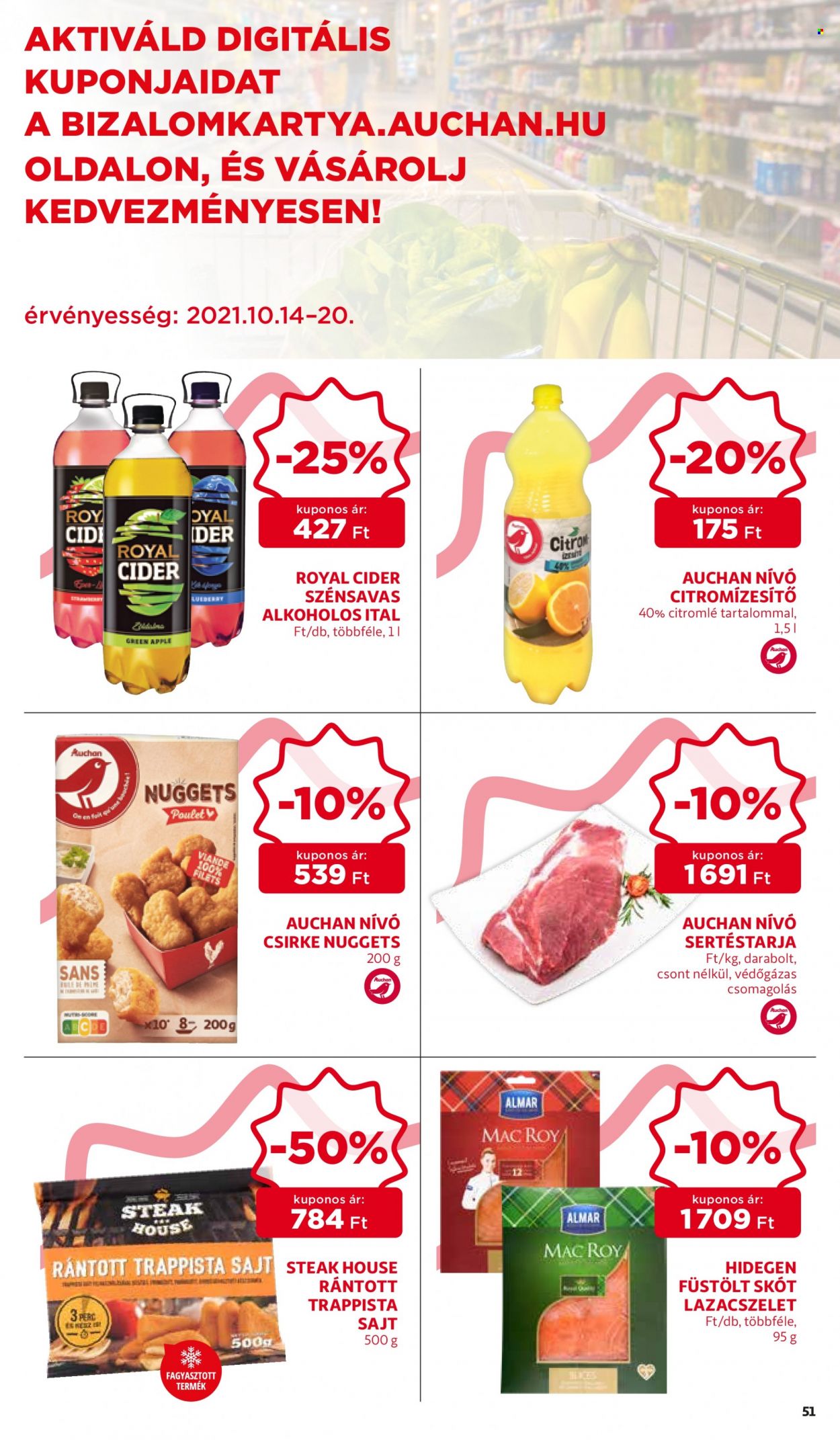 thumbnail - Auchan akciós újsága  - 2021.10.14 - 2021.10.20 - Akciós termékek - sertéstarja, sajt, trappista sajt, sajt steak, csirke nuggets, citrompótló, citromlé, cider.  51. Oldal