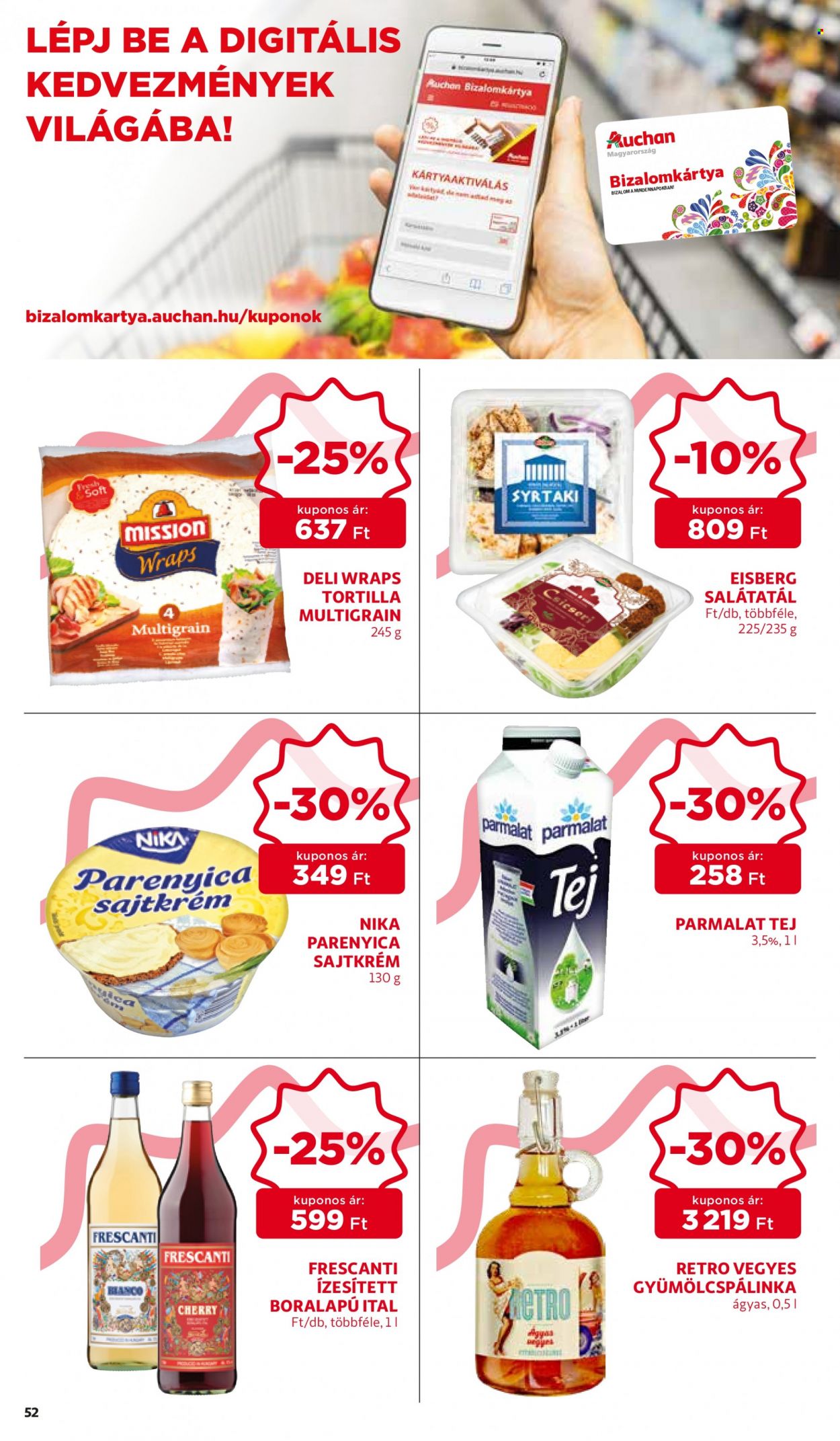 thumbnail - Auchan akciós újsága  - 2021.10.14 - 2021.10.20 - Akciós termékek - tortilla, krémsajt, parenyica sajt, Parmalat, tej.  52. Oldal
