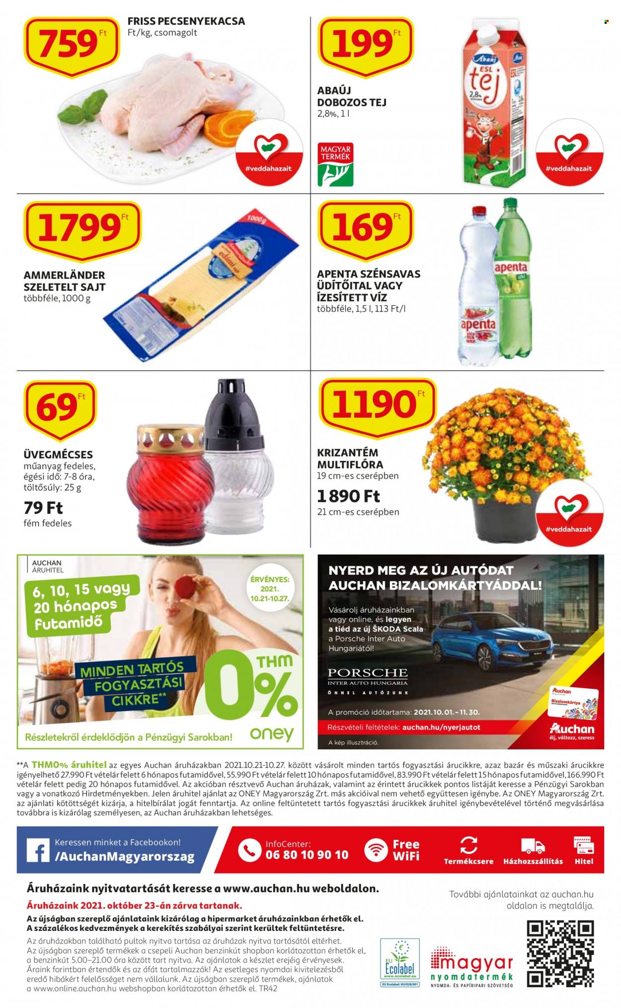 thumbnail - Auchan akciós újsága  - 2021.10.21 - 2021.10.27 - Akciós termékek - kacsahús, égesz kacsa, sajt, sajtszeletek, Ammerländer, tej, üditőital, Apenta.  54. Oldal