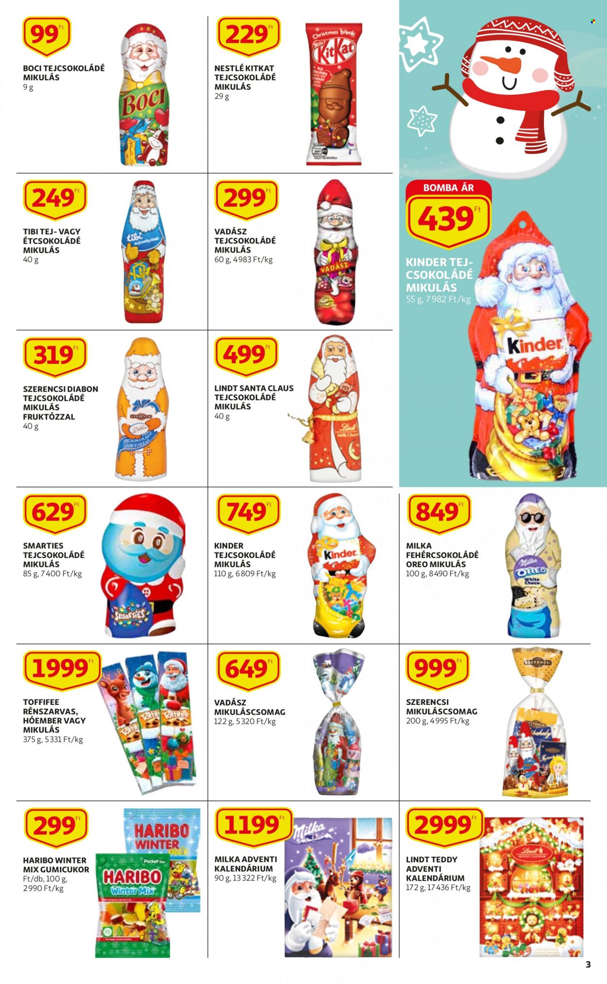 thumbnail - Auchan akciós újsága  - 2021.10.28 - 2021.11.03 - Akciós termékek - Milka, Oreo, Kinder, csokoládé, étcsokoládé, gumicukor, tejcsokoládé, Toffifee, Haribo, KitKat, Szerencsi, Lindt, Smarties, Boci.  3. Oldal