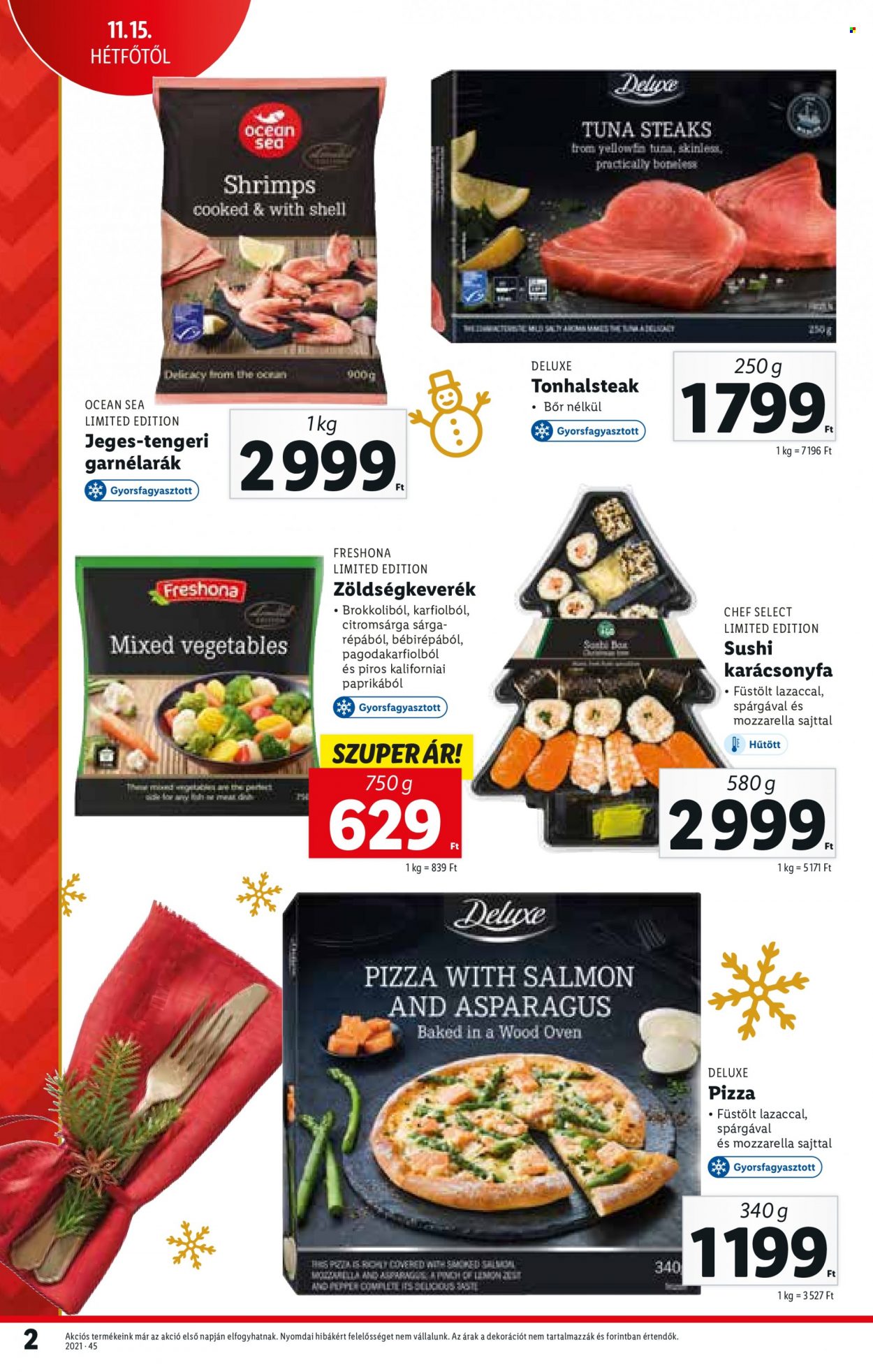 thumbnail - Lidl akciós újsága  - Akciós termékek - garnéla, pizza, sushi, mozzarella, zöldségkeverék, karácsonyfa.  2. Oldal