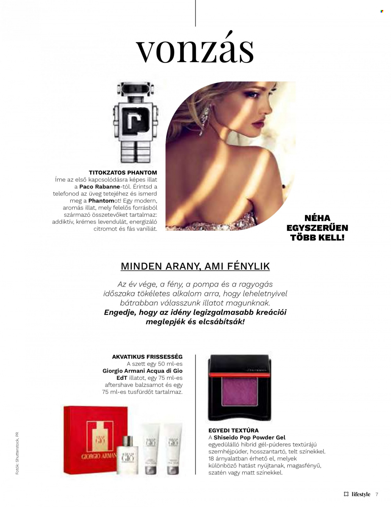 thumbnail - Müller akciós újsága  - Akciós termékek - Shiseido, Paco Rabanne, szemhéjpúder, eau de toilette, Giorgio Armani, Acqua di Giò.  7. Oldal