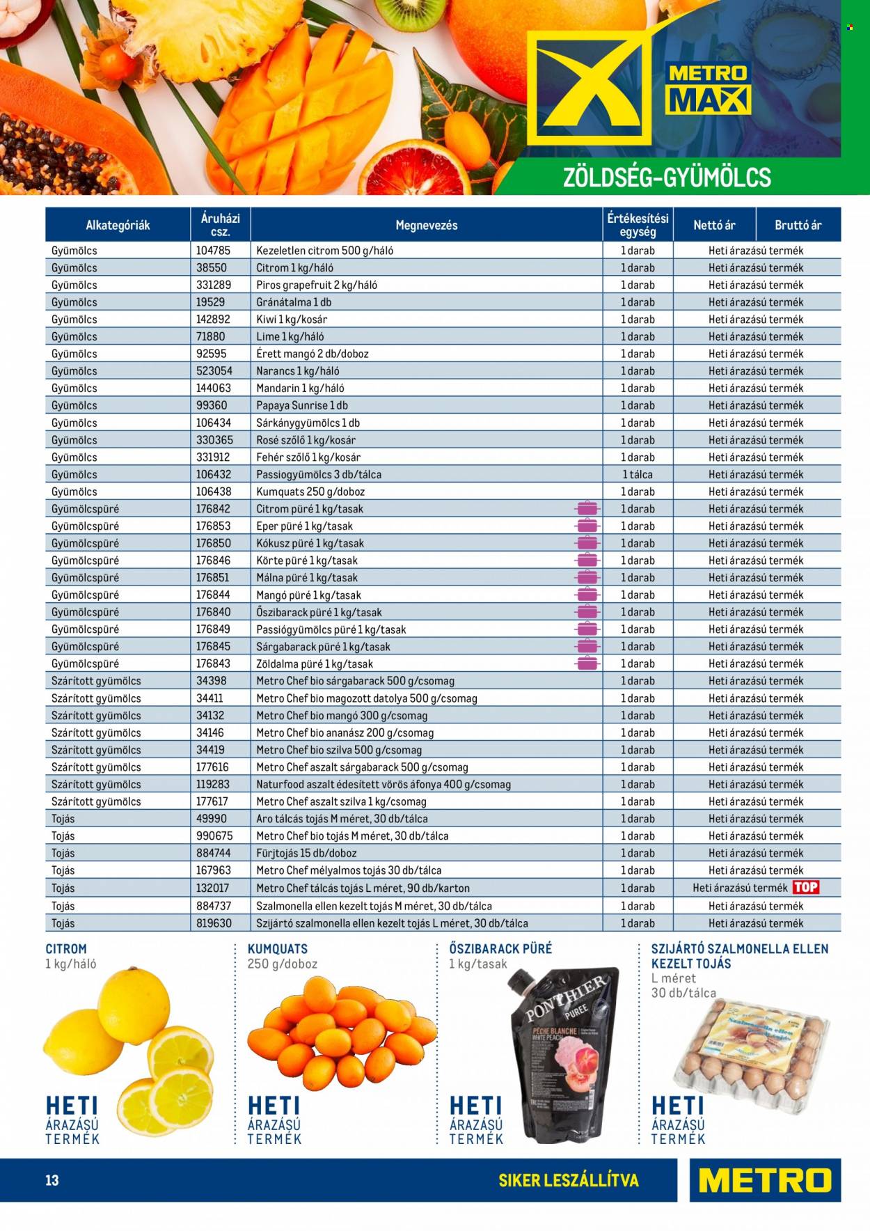thumbnail - Metro akciós újsága  - 2021.11.15 - 2022.02.13 - Akciós termékek - gránátalma, grépfrút, kivi, körte, lime, mandarin, sárkánygyümölcs, ananász, narancs, fehér szőlő, fürjtojás, tojás, kókusz püré, mangó püré, aszalt sárgabarack, aszalt szilva, szárított datolya, vörös áfonya, gyümölcspüré, kosár, tálca.  13. Oldal