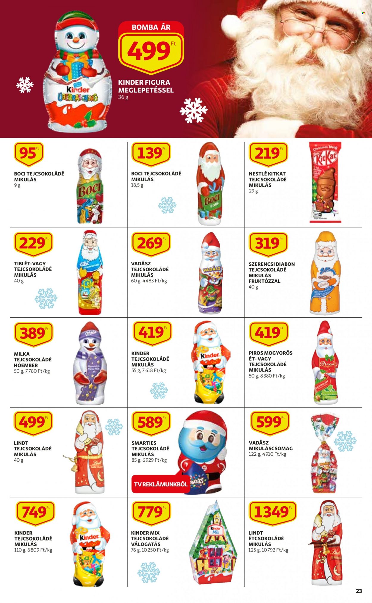 thumbnail - Auchan akciós újsága  - 2021.11.25 - 2021.12.01 - Akciós termékek - Milka, Kinder, étcsokoládé, tejcsokoládé, KitKat, Szerencsi, Lindt, Smarties, Boci.  23. Oldal