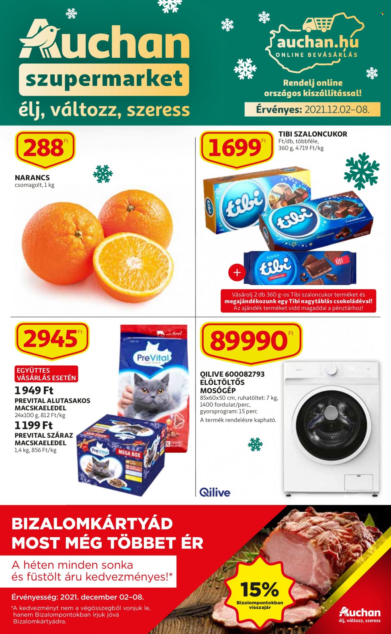 thumbnail - Auchan akciós újsága  - 2021.12.02 - 2021.12.08 - Akciós termékek - narancs, sonka, macskaeledel, PreVital, elöltöltős mosógép, mosógép.  1. Oldal