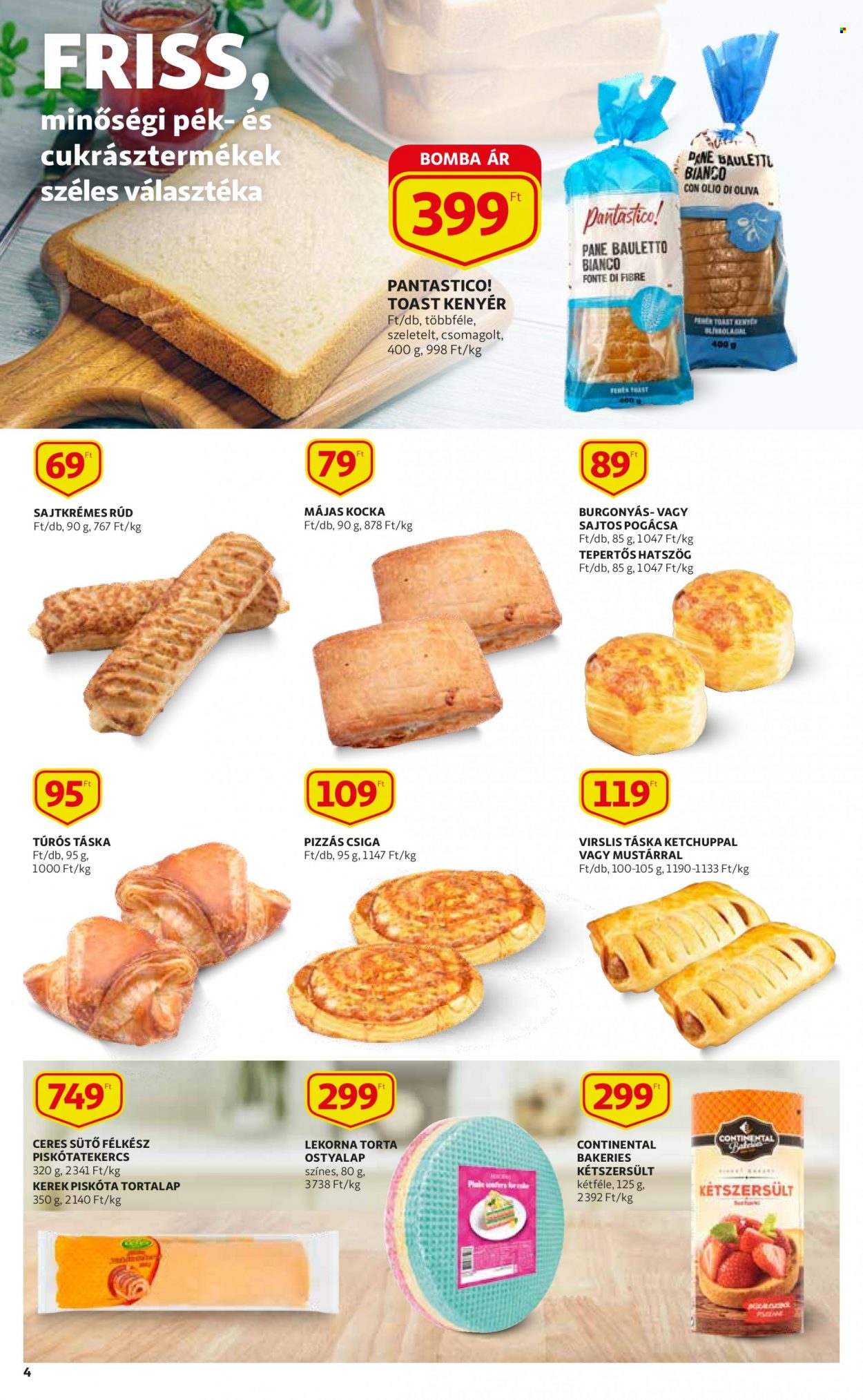 thumbnail - Auchan akciós újsága  - 2021.12.02 - 2021.12.08 - Akciós termékek - kenyér, sajtkrémes rúd, toast kenyér, tepertős hatszög, csiga, pogácsa, piskótatekercs, túrós táska, kétszersült, májas, torta, ostyalap, sütő, Continental.  4. Oldal