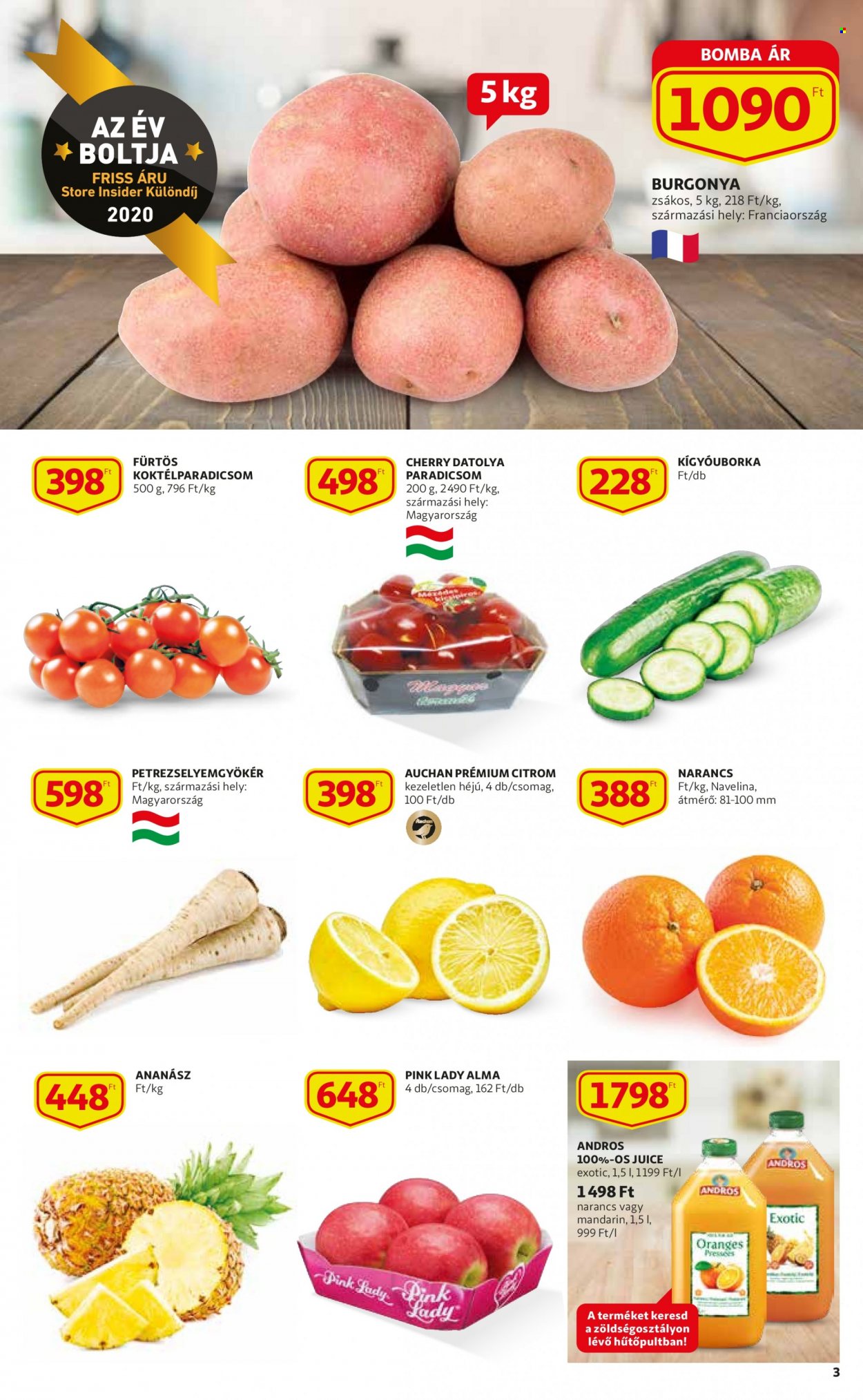 thumbnail - Auchan akciós újsága  - 2021.12.16 - 2021.12.24 - Akciós termékek - citrom, mandarin, alma, Pink Lady, burgonya, kígyóuborka, koktélparadicsom, paradicsom, szárított datolya, gyümölcslé.  3. Oldal