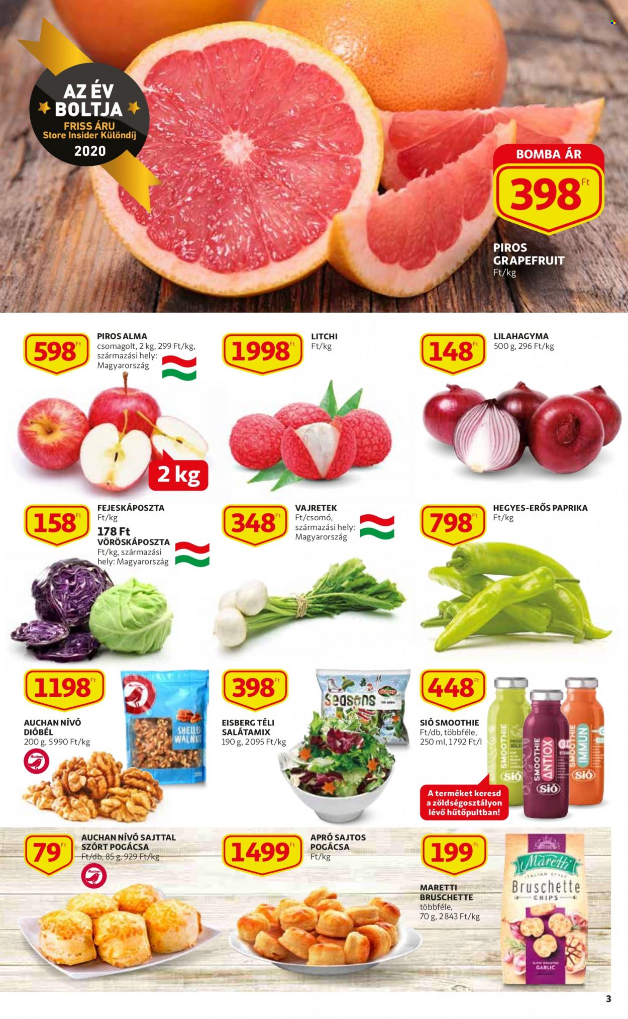 thumbnail - Auchan akciós újsága  - 2021.12.27 - 2022.01.05 - Akciós termékek - grépfrút, pogácsa, lila hagyma, paprika, vöröskáposzta, fejeskáposzta, smoothie.  3. Oldal