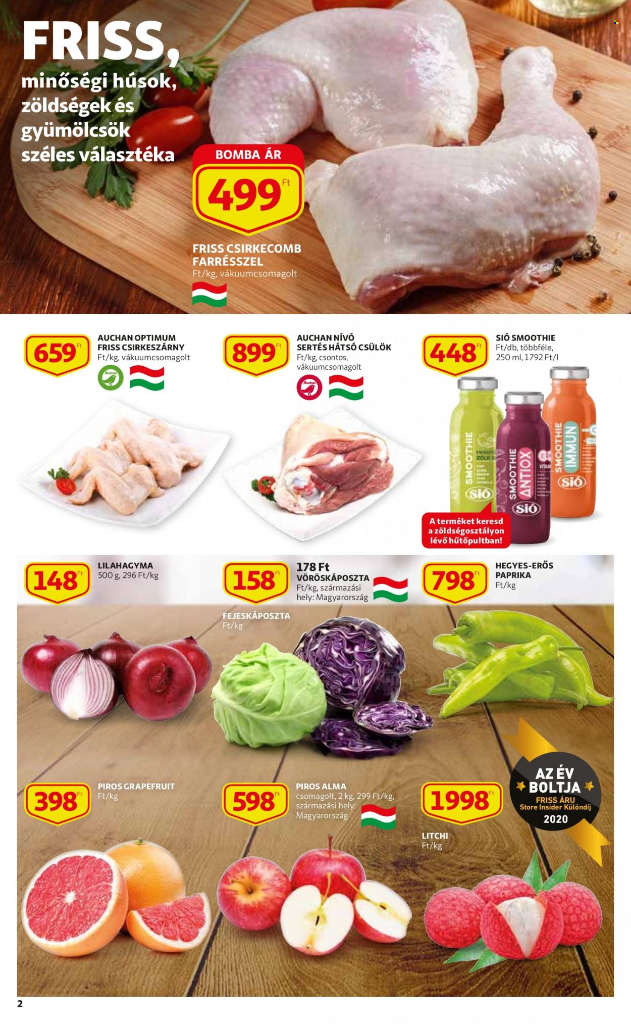 thumbnail - Auchan akciós újsága  - 2021.12.27 - 2022.01.05 - Akciós termékek - grépfrút, sertéscsülök, lila hagyma, paprika, vöröskáposzta, fejeskáposzta, csirkecomb, csirkeszárny, csirkehús, smoothie.  2. Oldal